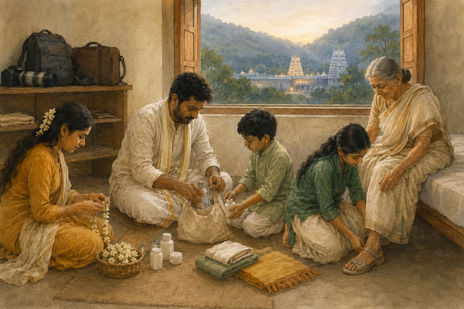 A family in modest traditional clothing packs water, medicine, a shawl, and comfortable footwear for a respectful Tirumala temple visit.