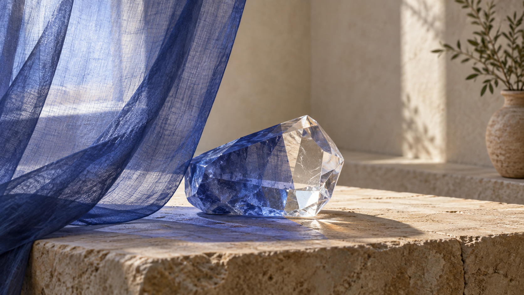 A transparent crystal appears blue where light passes through a thin indigo veil, while its uncovered edge remains clear.