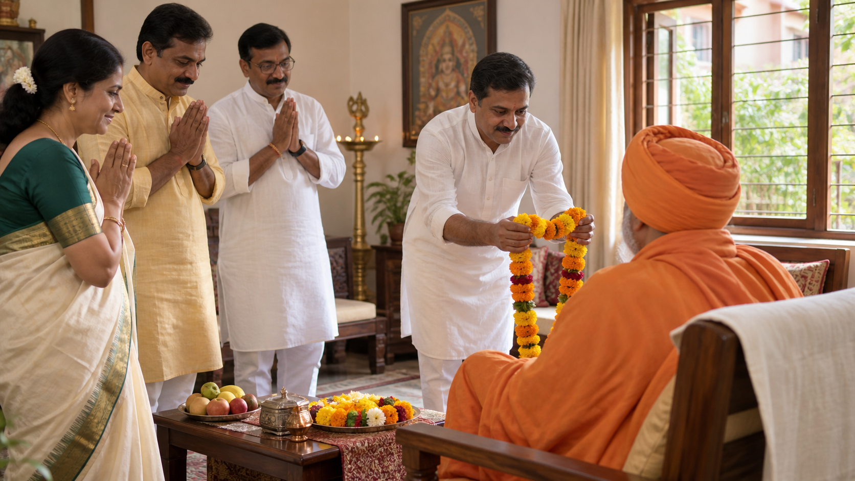 Visitors greet an elderly saffron-robed monk in a sunlit reception room, offering a marigold garland with folded hands.