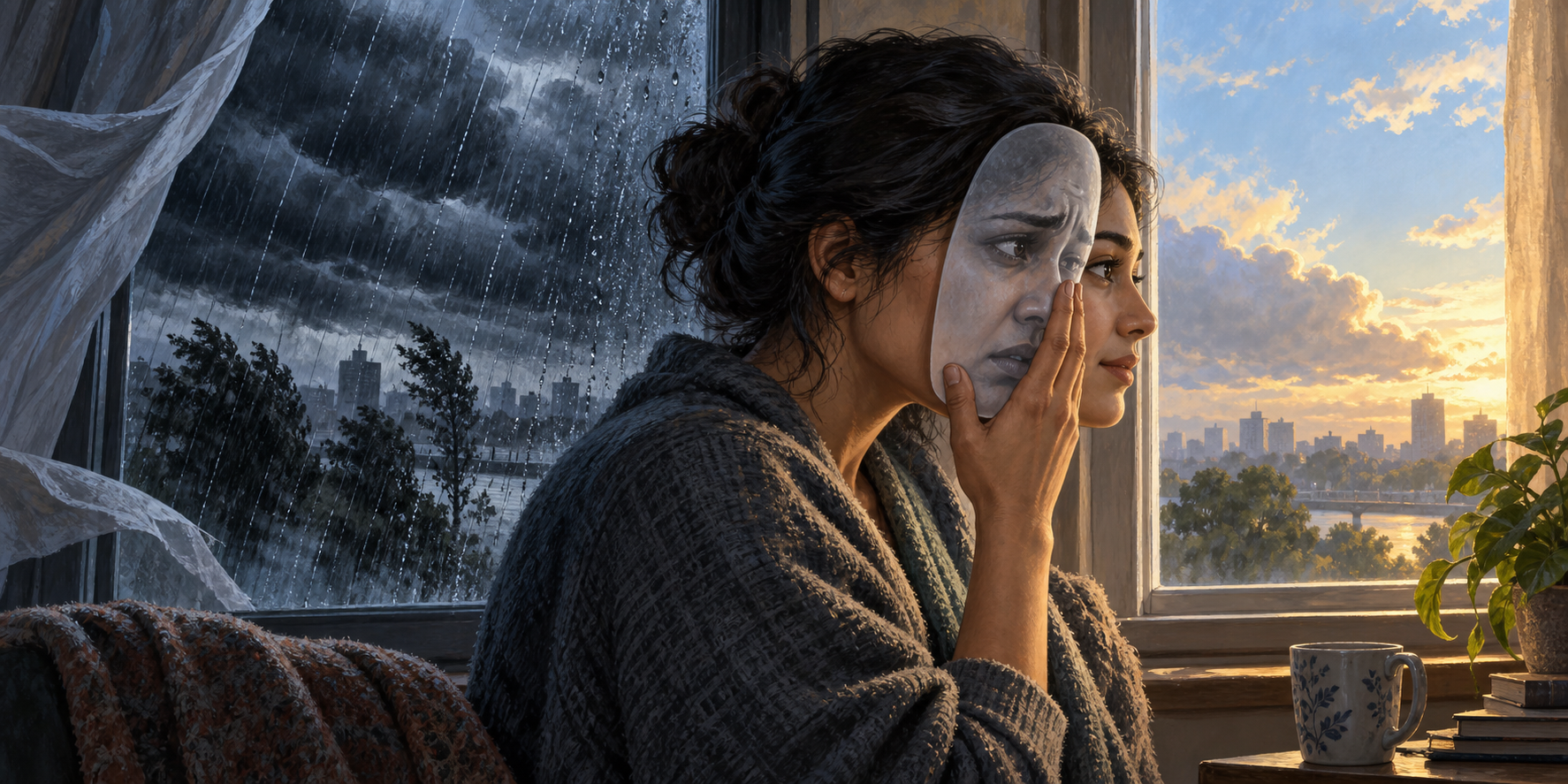 A person presses a translucent anxious mask toward their face beside a stormy window as clear sky appears in the distance.