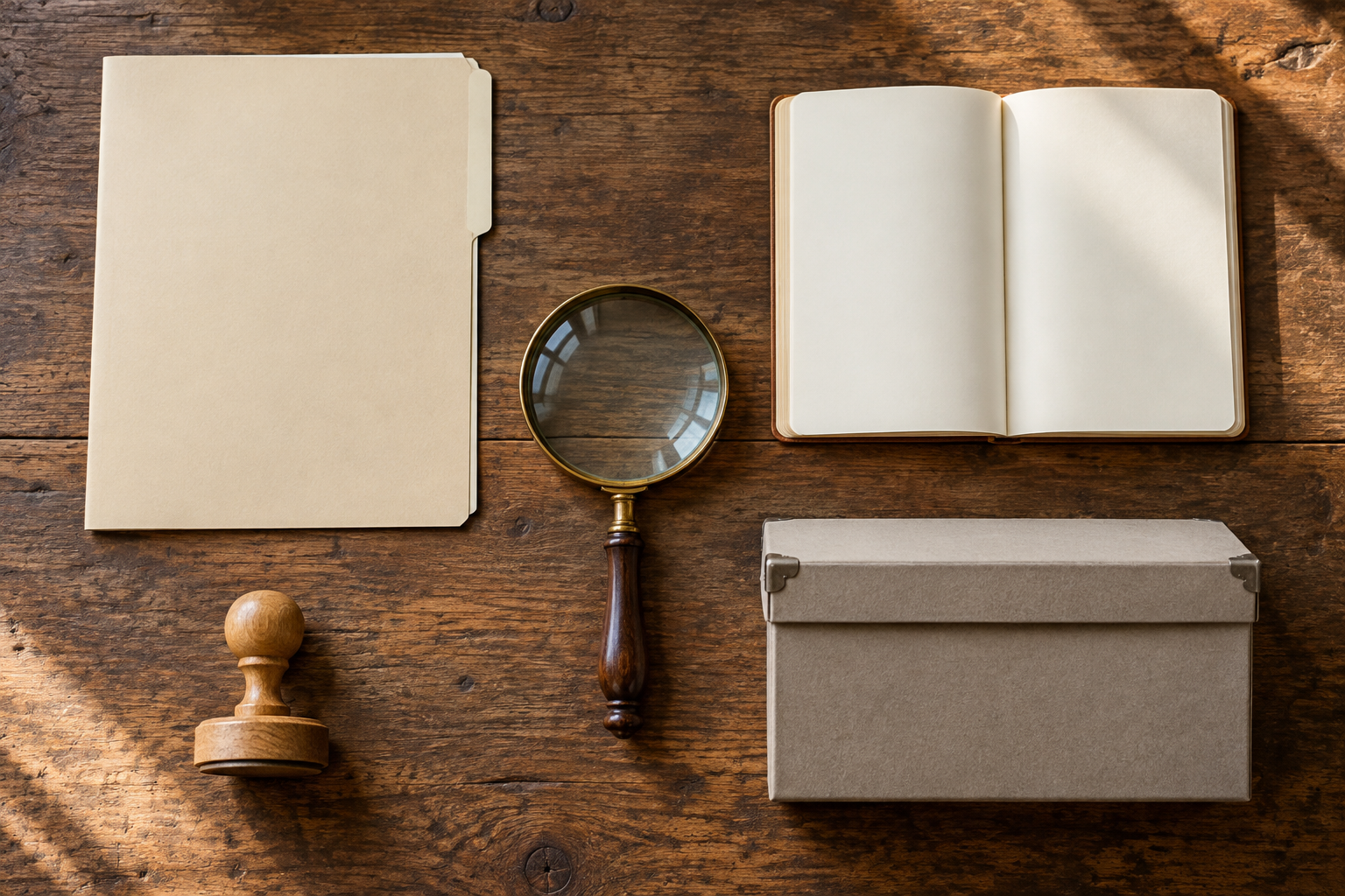 Four evidence-related objects—a blank document folder, an empty minutes notebook, a wooden seal and an archival box—surround a magnifying glass on a desk.