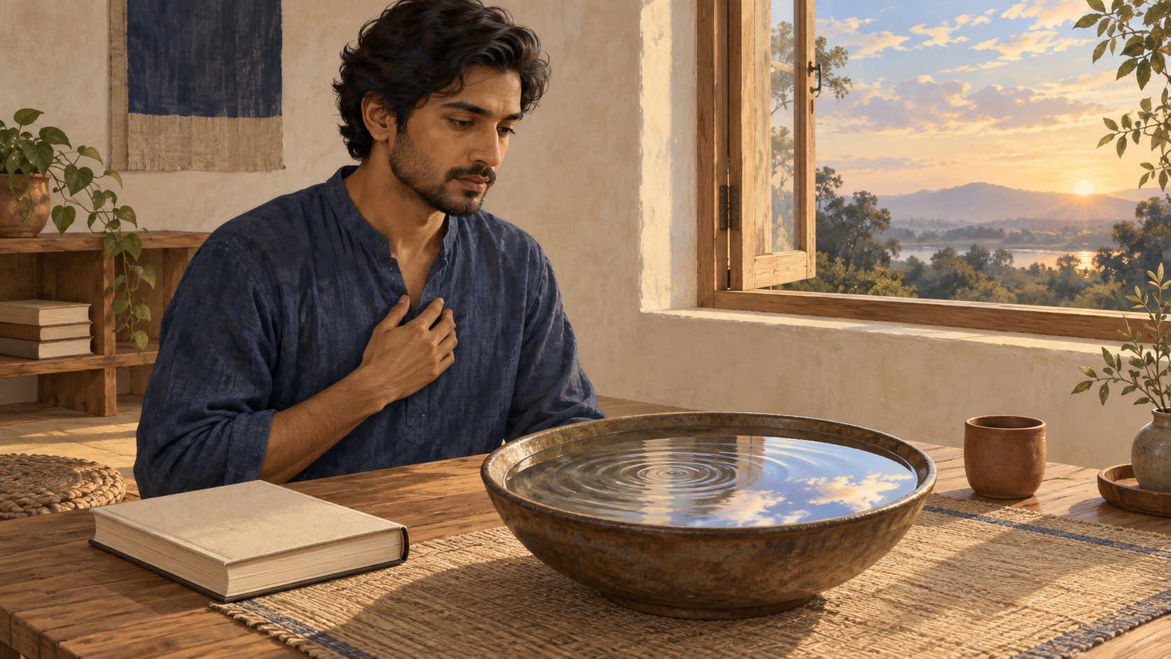 A seated person observes fading ripples and reflected clouds in a shallow bowl beside a closed book at dawn.