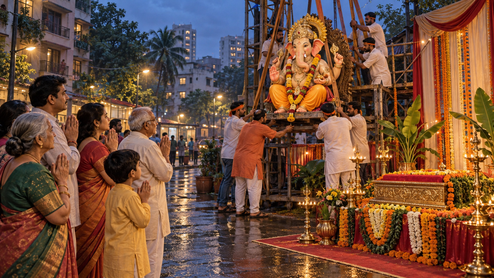 Concerned devotees stand with folded hands as organisers respectfully move a Ganesh idol toward a traditional decorated pedestal at a Mumbai festival venue.