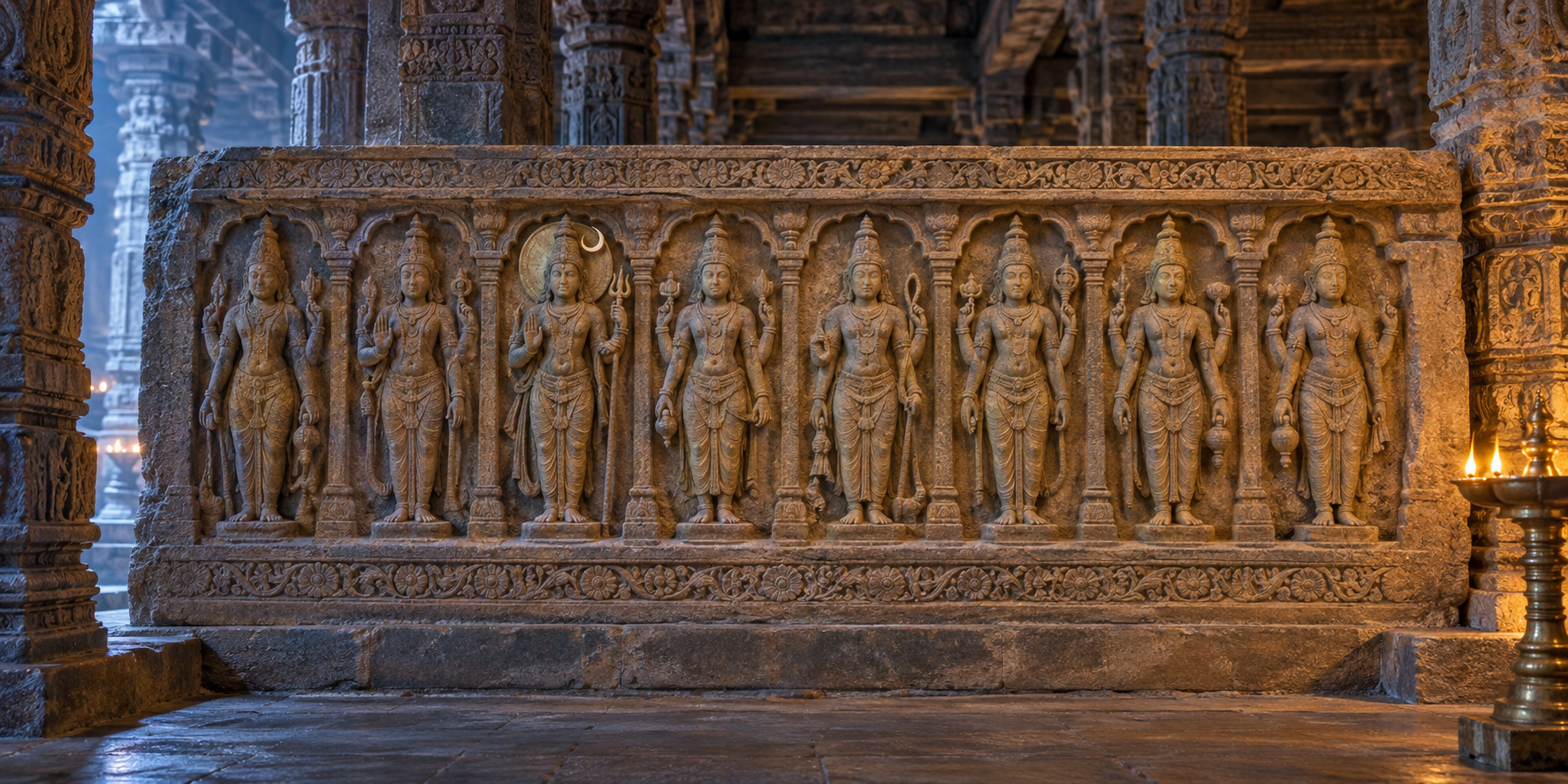 A weathered sandstone temple relief shows eight divine figures in a single row, with one figure displaying a subtle crescent-shaped halo element under mixed moonlight and lamplight.