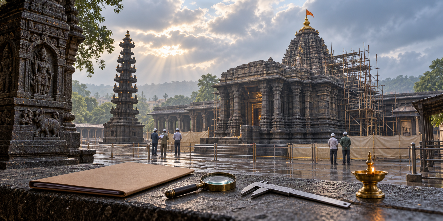 Kolhapur's historic Mahalakshmi Temple shown under conservation review, with scaffolding, inspection tools, an unmarked folder, and a brass oil lamp in the foreground.