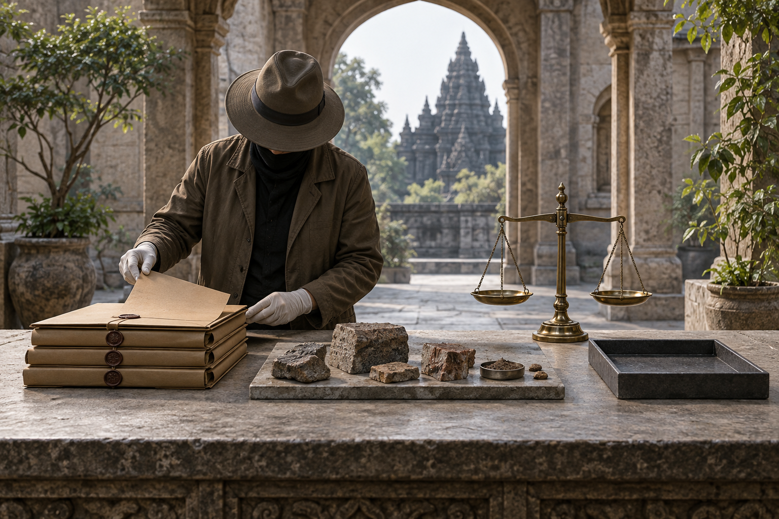 An investigator sorts document folders and masonry samples beside a balanced brass scale, with a stone temple visible through an archway.