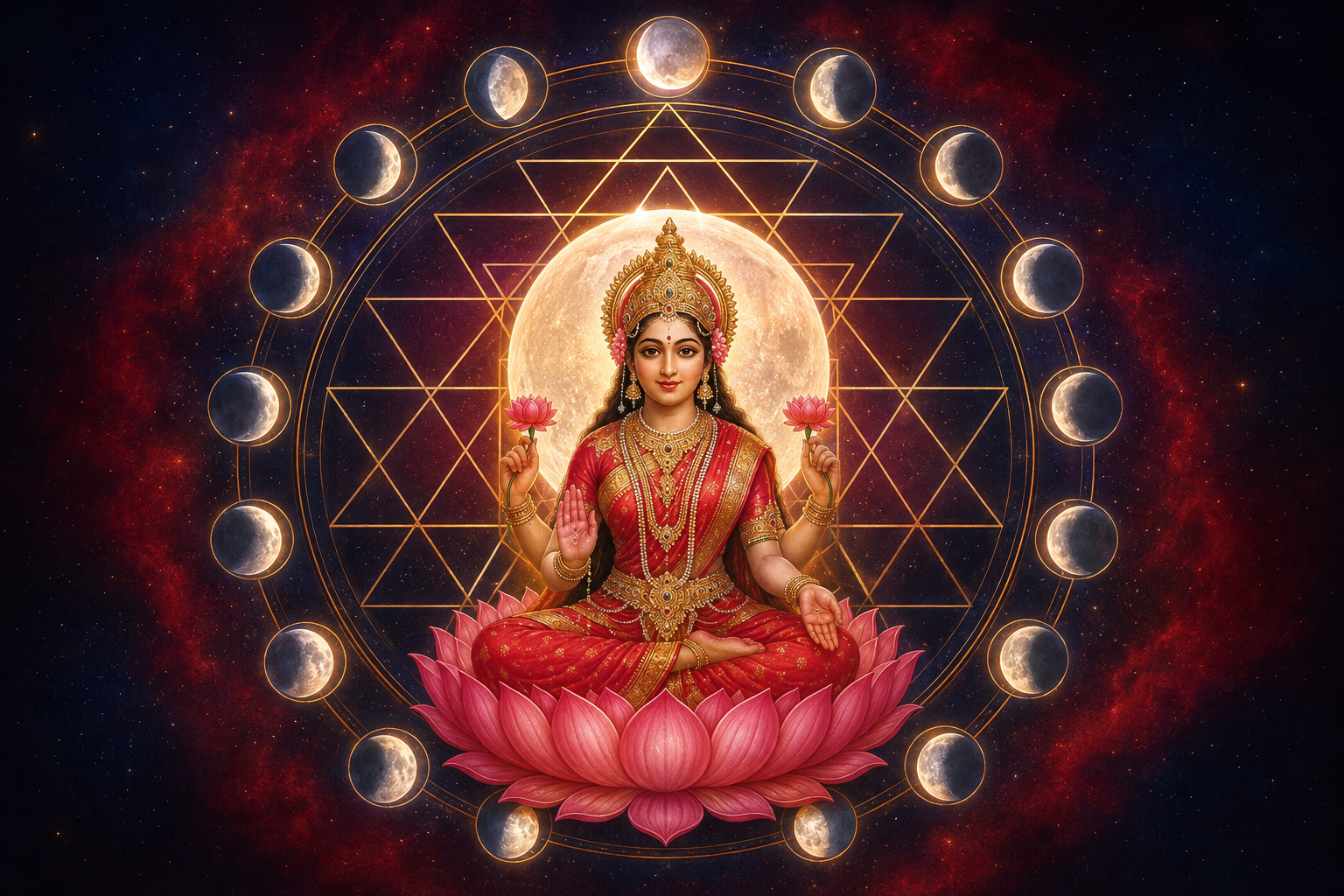 A luminous divine feminine figure sits on a lotus at the center of a Sri Chakra, encircled by lunar phases and a glowing full orb.