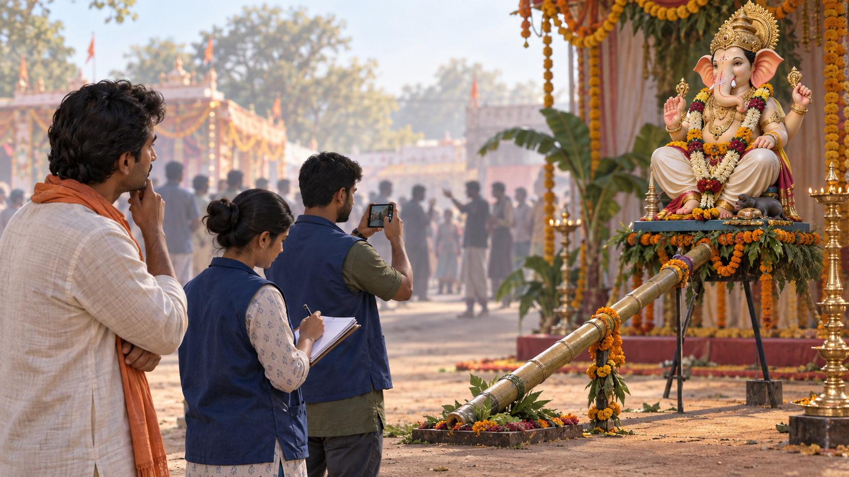 A devotee and two community volunteers observe an unusual elevated Ganesh idol display while indistinct figures remain blurred in the background.