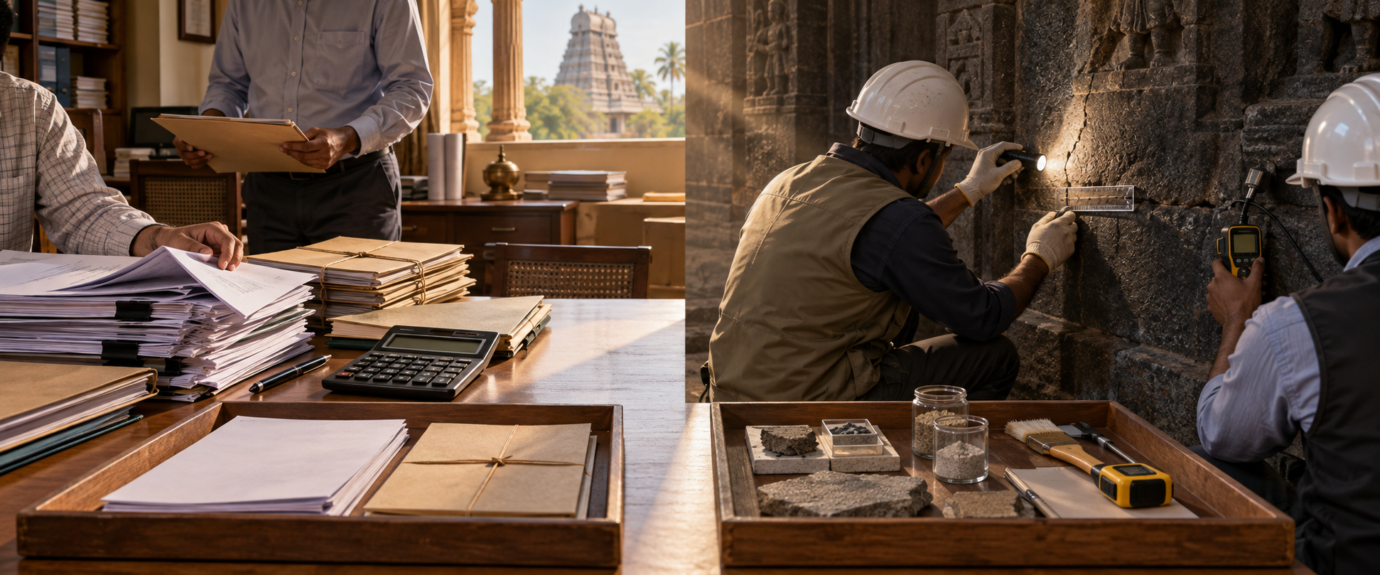 Financial auditors examine payment files while conservation engineers inspect a basalt temple wall with measuring and moisture-testing tools.