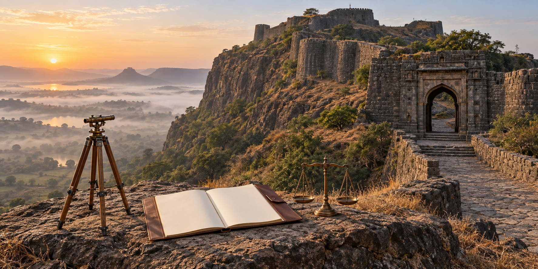 Basalt fort ramparts on a hill at sunrise with surveying equipment, a blank evidence folder, and a legal balance in the foreground.