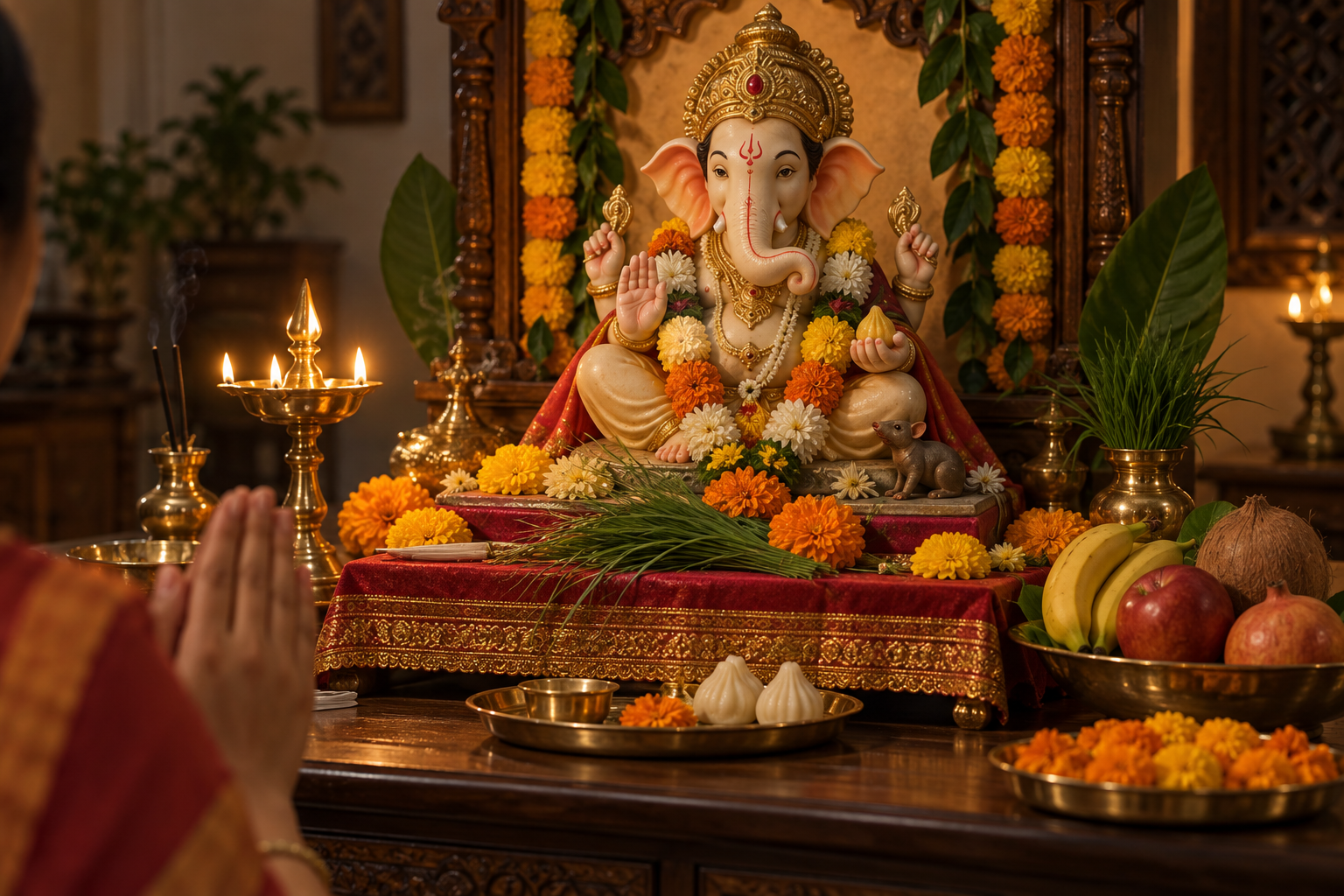 A Ganesh murti rests on a flower-decorated home altar with offerings, a brass lamp, and a devotee's folded hands.