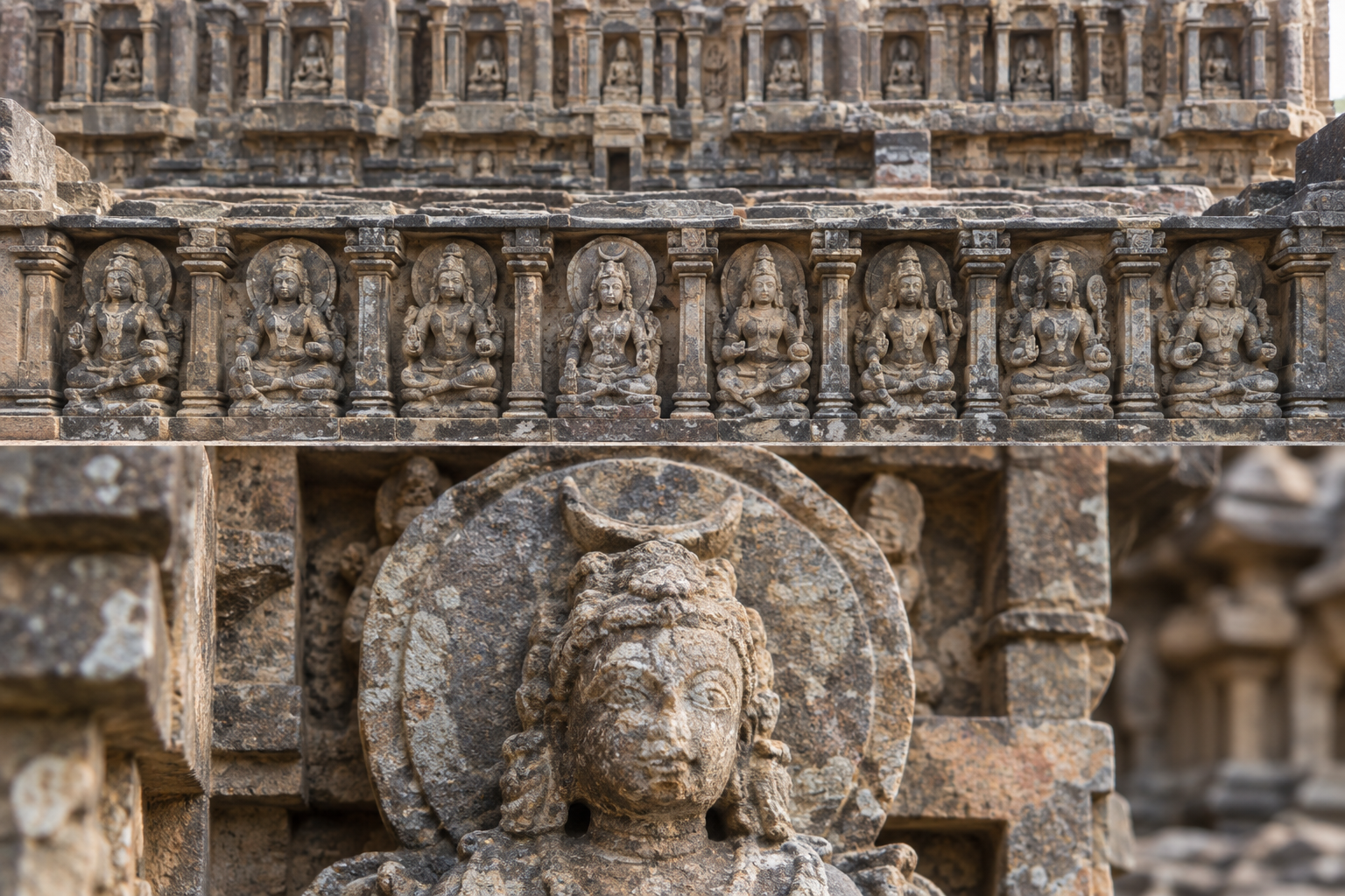 A crescent-bearing stone figure appears in front of seven related carvings and a continuous temple niche, placing its lunar feature within a larger group context.