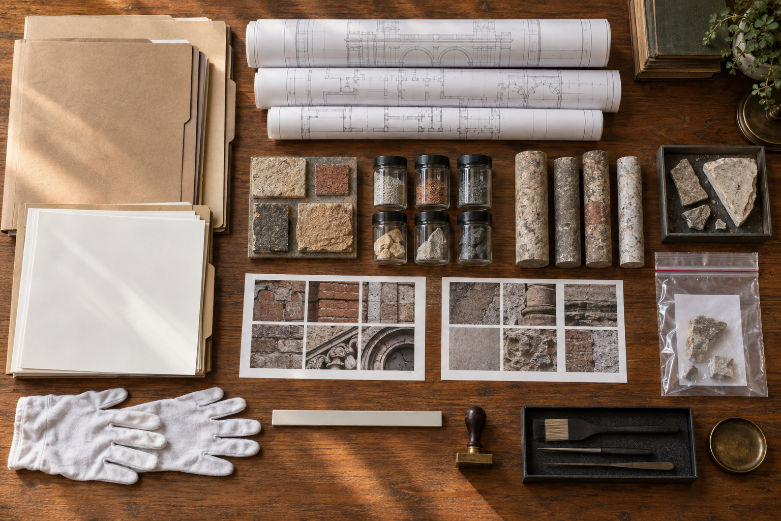 Unlabeled archival folders, architectural drawings, masonry samples, inspection photographs, measuring tools, and evidence containers arranged on a wooden table.