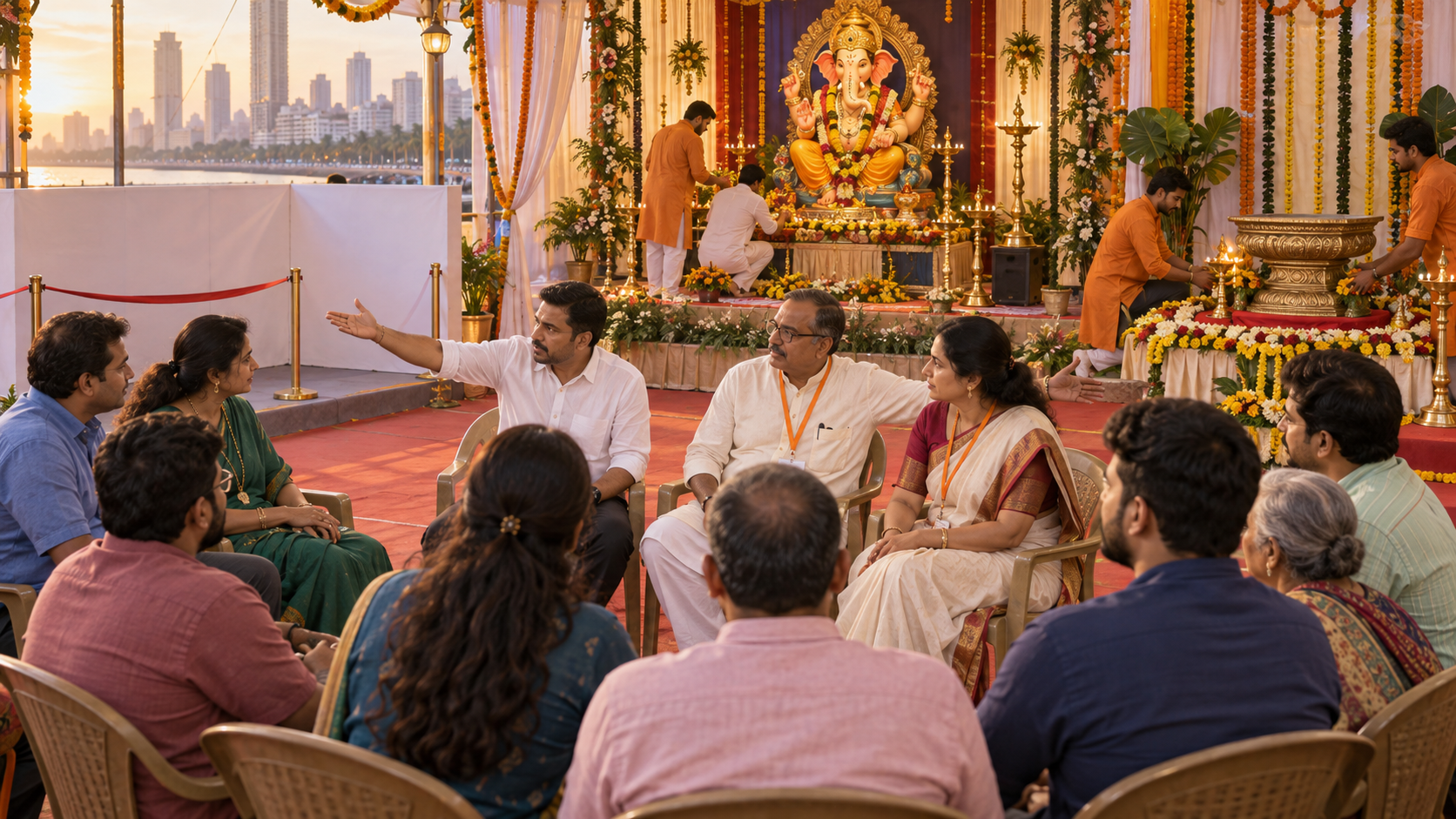 Devotees and festival organisers hold a calm discussion while volunteers prepare a decorated pedestal for a Ganesh idol.