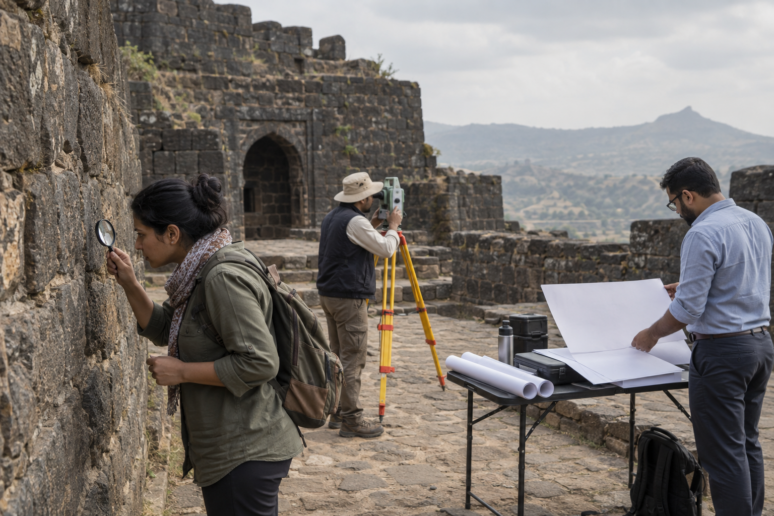 Archaeologist, surveyor, and administrator inspecting old stonework and reviewing blank site plans inside a hill fort.