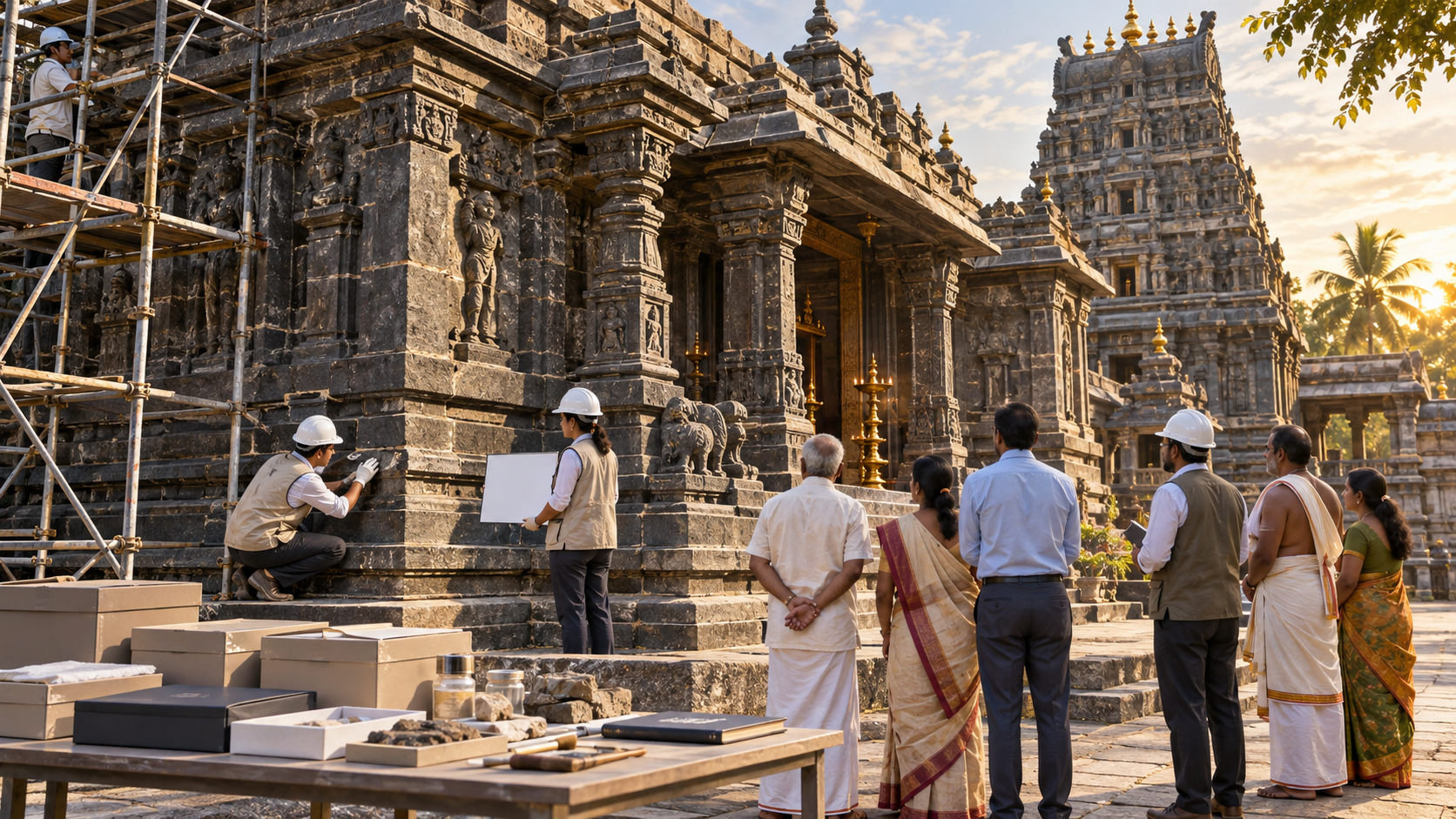 Conservators, auditors, administrators, and community observers inspect restored stonework at the Mahalakshmi Temple as scaffolding is removed.
