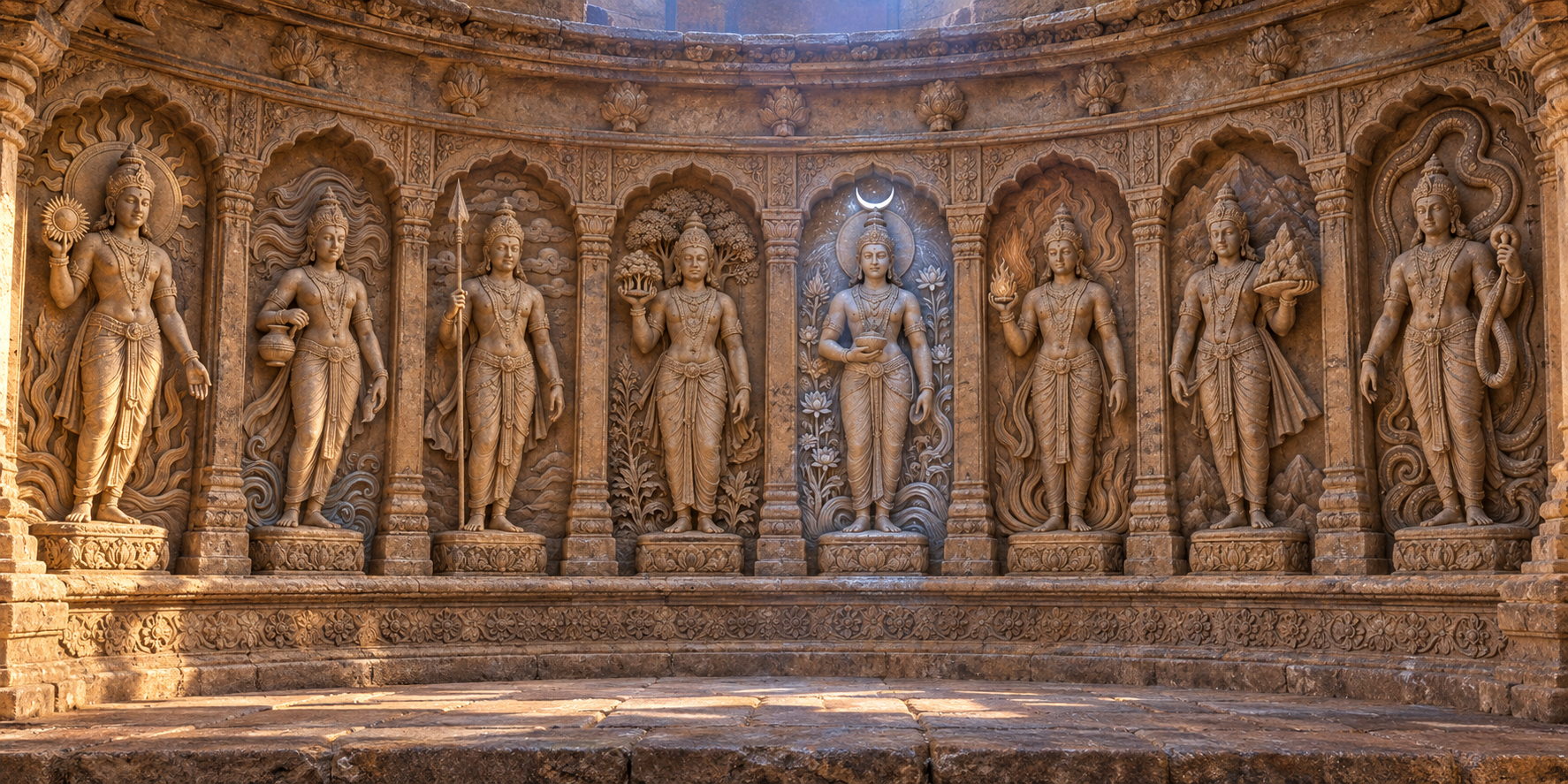 Soma stands as one of eight equally scaled carved deities, distinguished by a crescent halo and subtle plant and water motifs within the shared temple register.