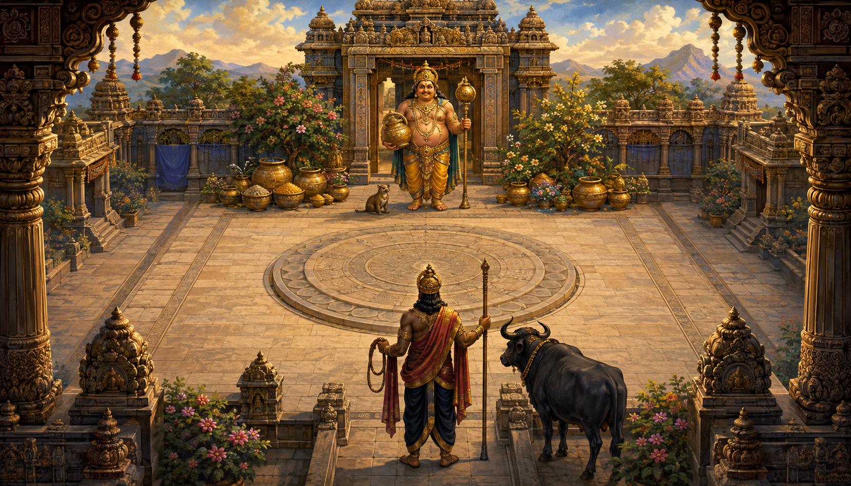 Kubera and Yama stand at opposite gateways of a temple courtyard, facing a circular platform between them, with Kubera accompanied by vessels and Yama by a black buffalo.