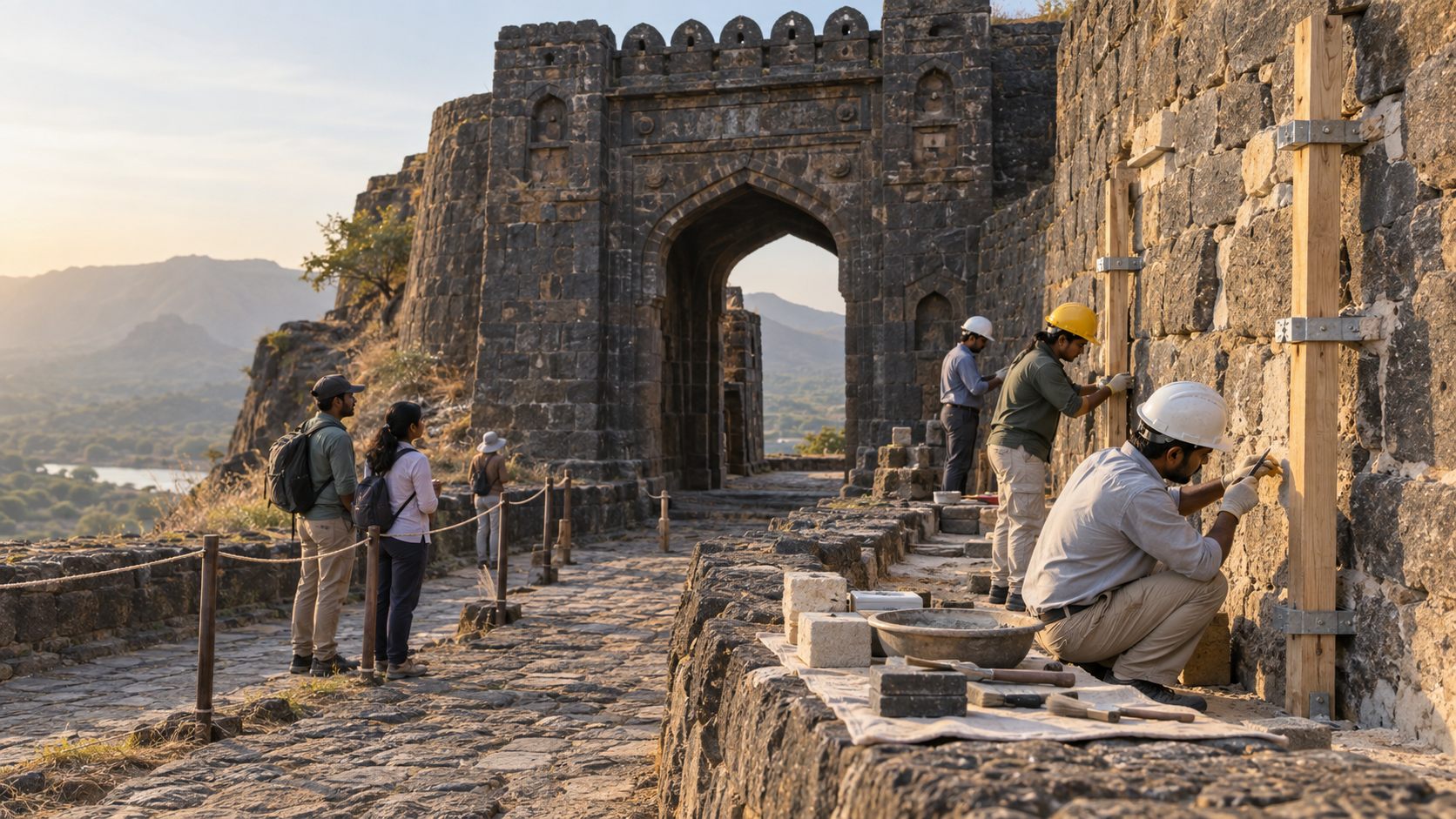 Heritage conservators carefully stabilizing a weathered basalt wall beside an ancient hill-fort gateway.