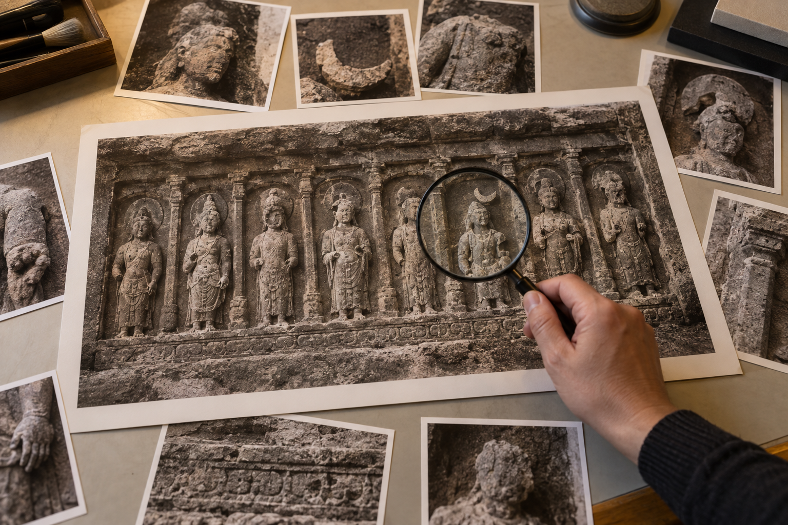 A researcher uses a magnifying lens to compare a photograph of an eight-figure temple relief with close views of damaged halos and crescent-shaped stone fragments.