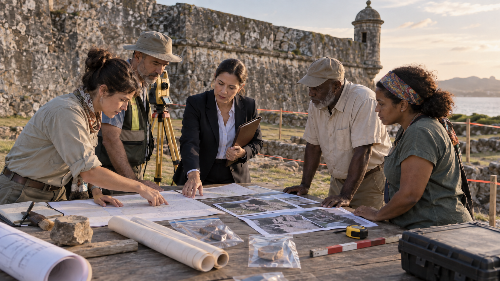 Officials, heritage specialists, and community observers reviewing maps and evidence at a table beside a fort inspection area.