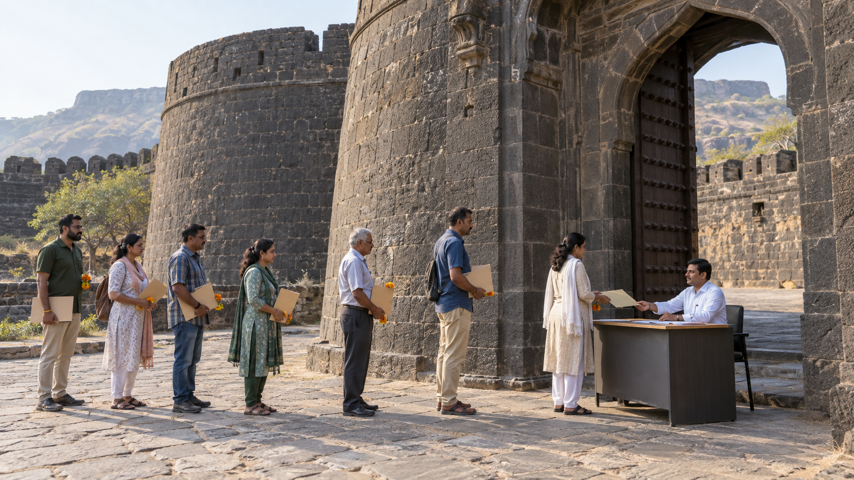 Citizens peacefully queueing with blank petition folders near the stone entrance of a historic hill fort.