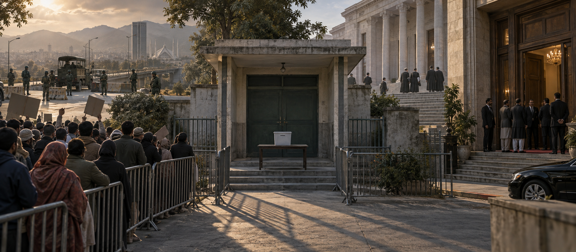 Voters, civilian politicians, judges, and military officials converge around a polling station and ballot box from different parts of a city square.