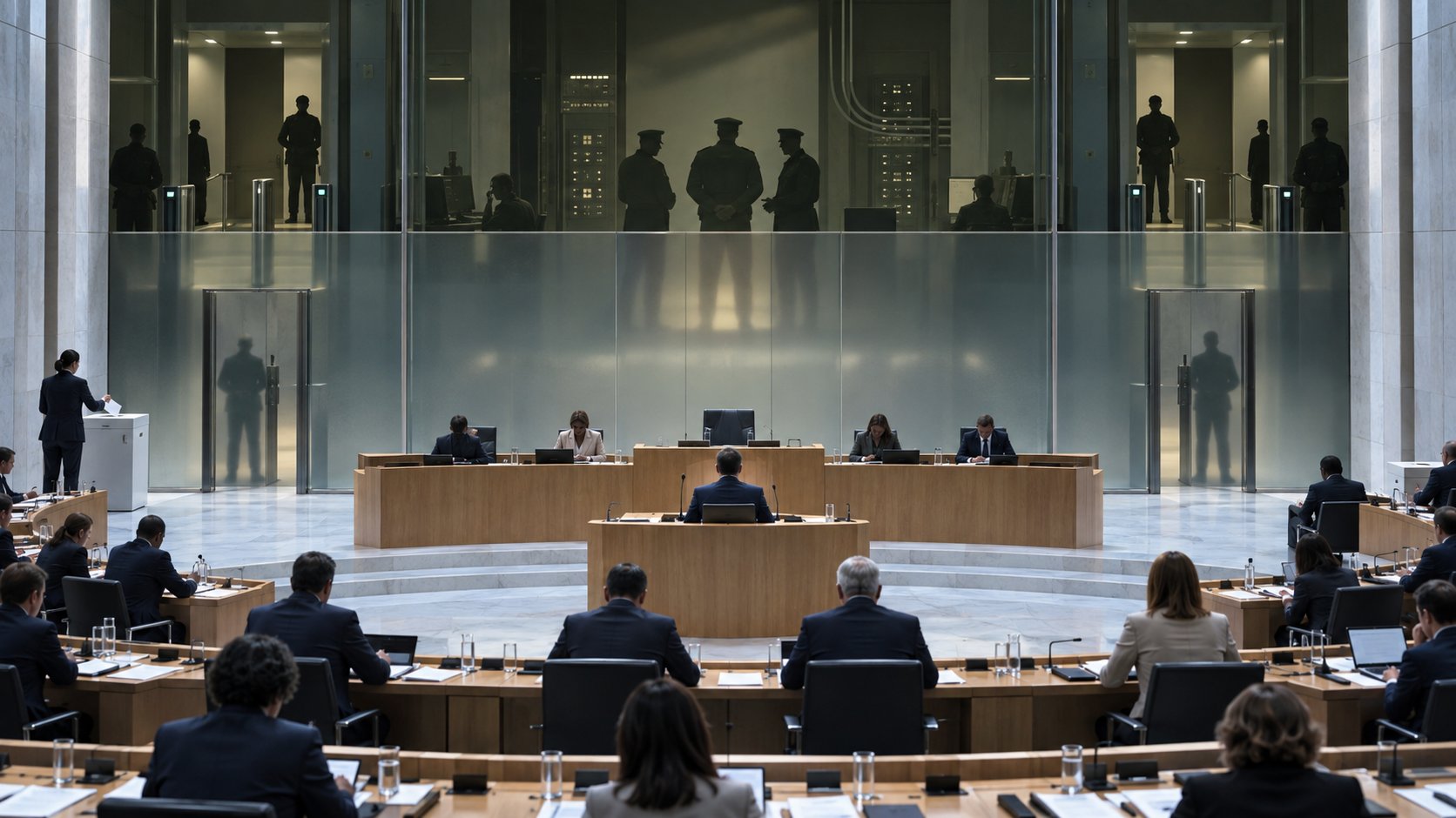 Civilian officials work in a government chamber while shadowed military figures control guarded entrances behind a translucent partition.
