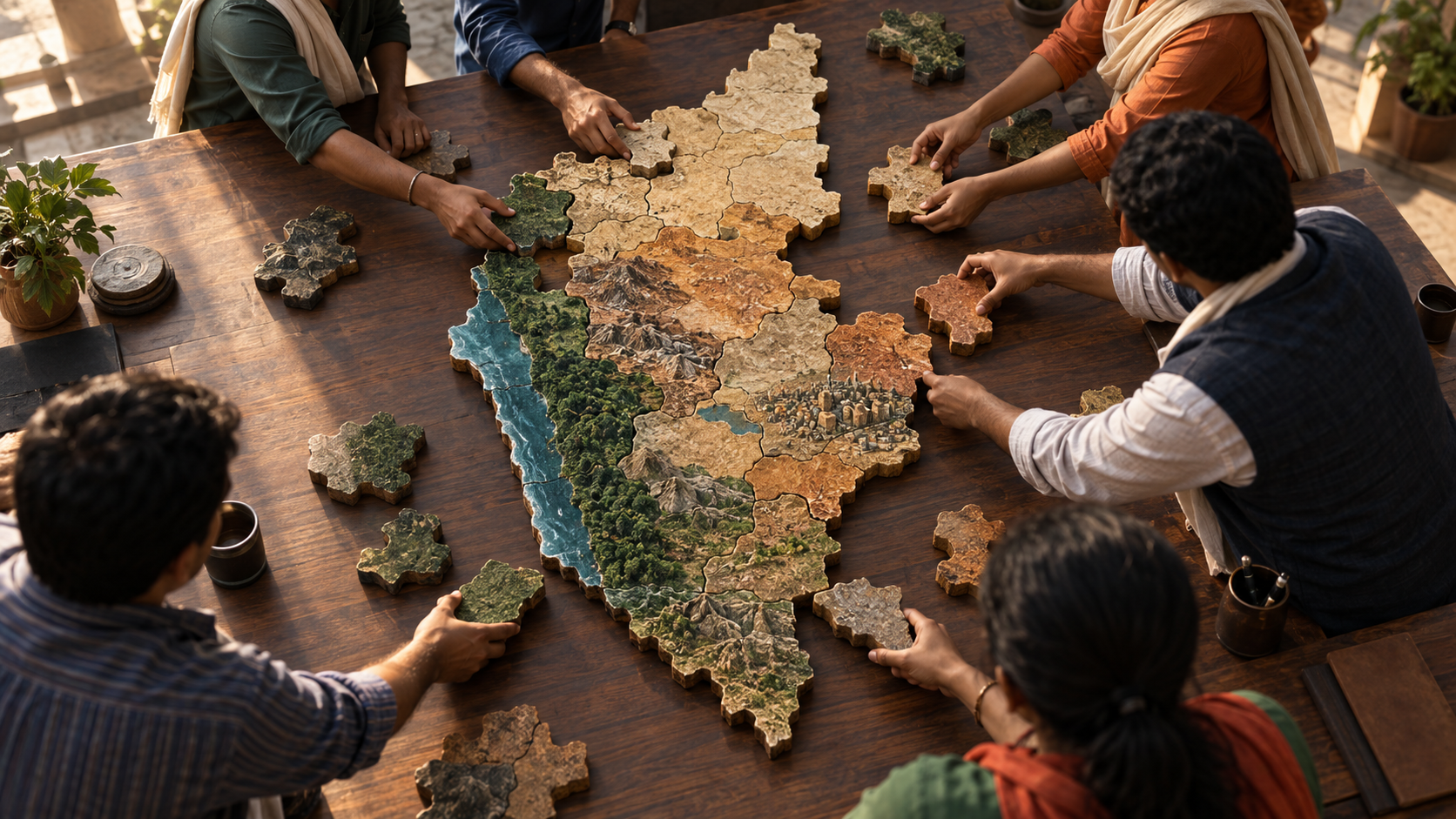 Anonymous political organisers assemble missing pieces in a Karnataka-shaped structure on a strategy table.