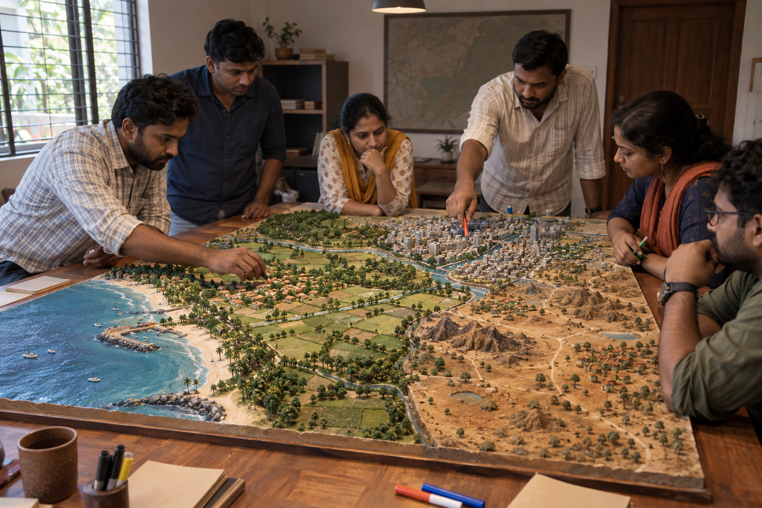 A group of anonymous campaign workers examines urban and rural areas on an unlabeled constituency model.