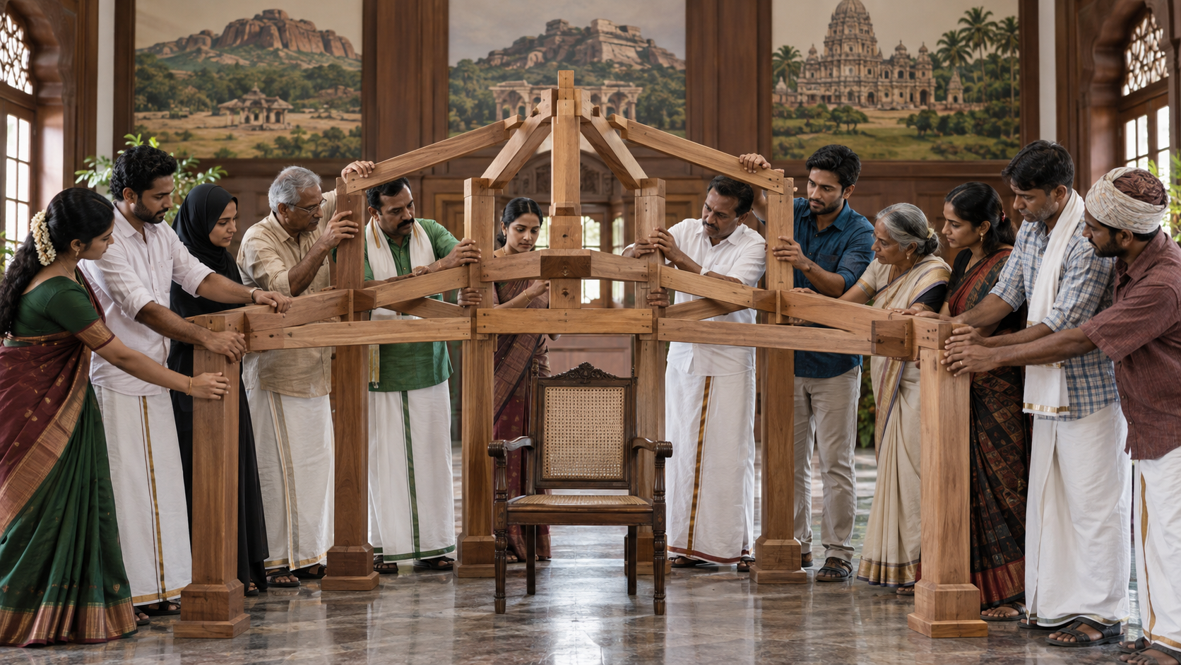A diverse group of anonymous leaders supports an unfinished wooden framework while an empty chair sits behind them.