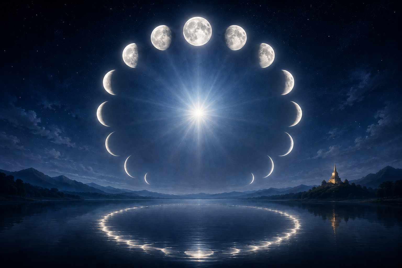 Fifteen lunar forms circle above a dark lake while a separate radiance shines from the open center of the sequence.