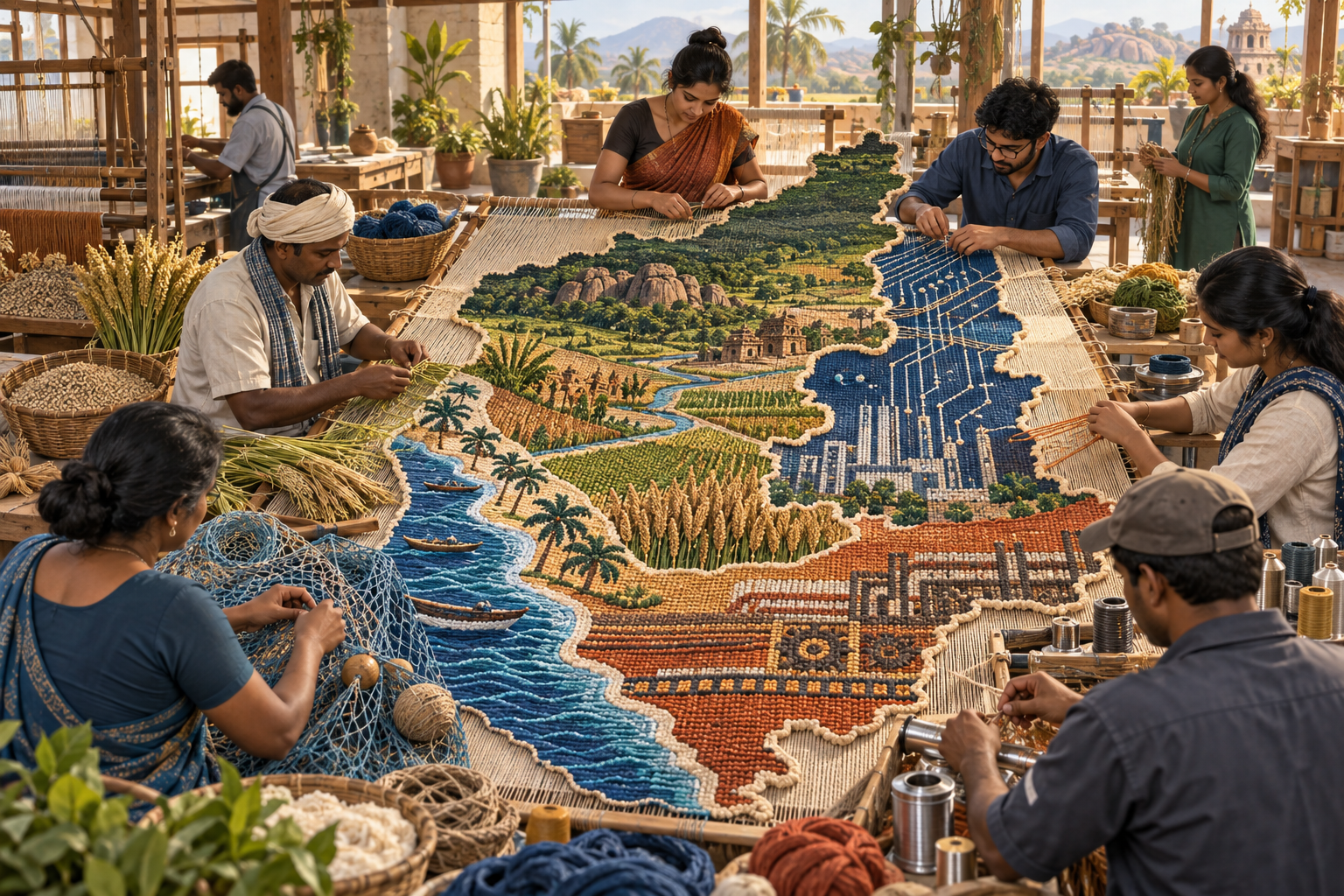 Karnataka residents from varied occupations weave a state-shaped fabric from agricultural, coastal and industrial materials.