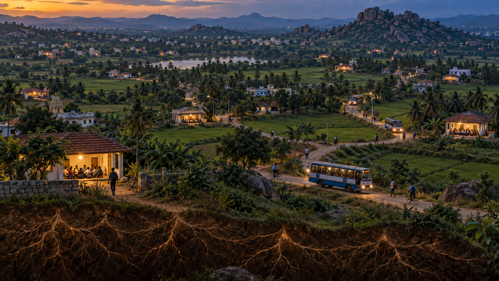 Volunteers travel between connected community meeting spaces across the fields, towns and hills of southern Karnataka.