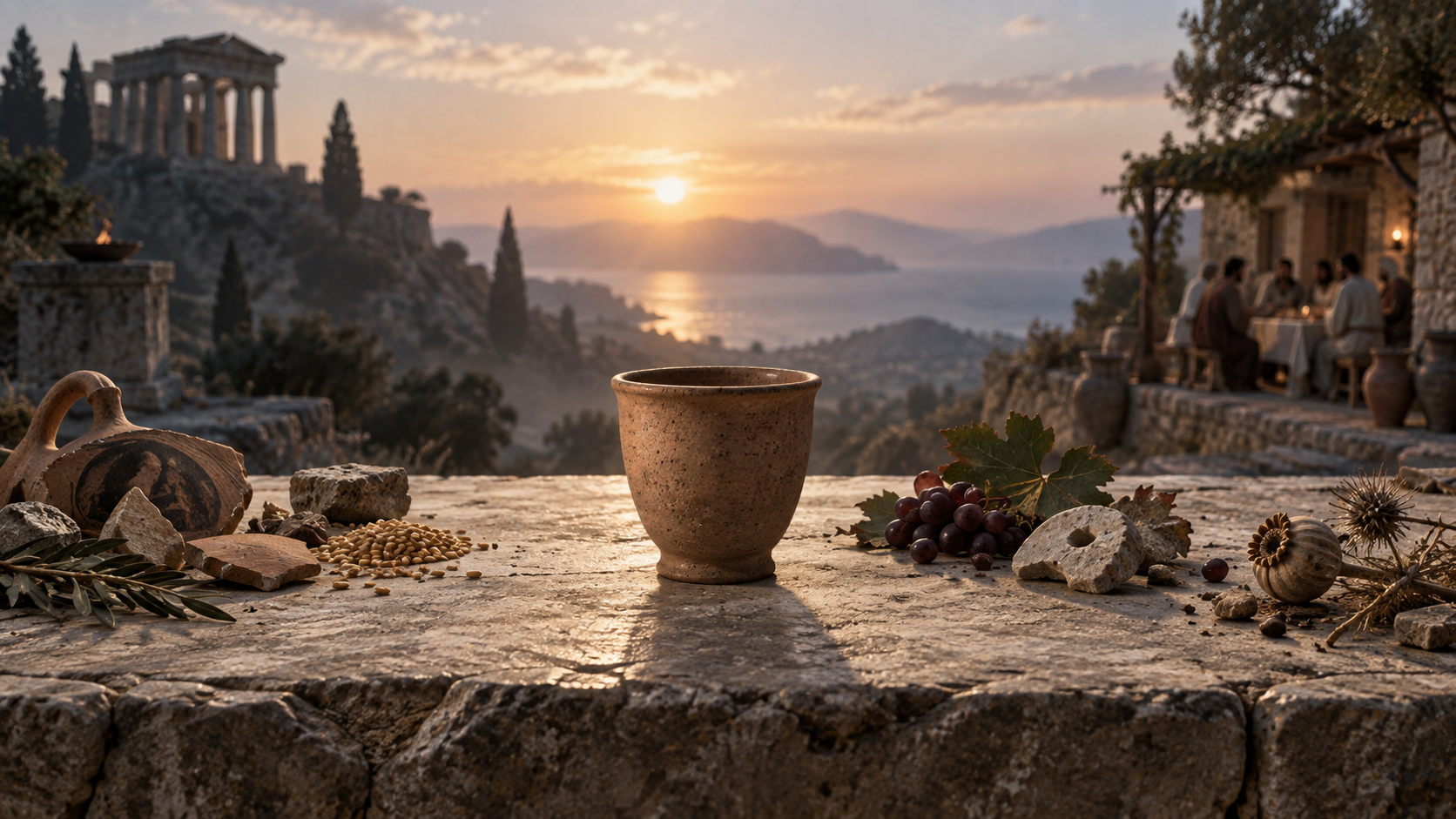 A ceramic cup sits between a distant Greek sanctuary and an early Mediterranean house gathering, with broken artifacts and botanical remains forming an incomplete path across a stone table.