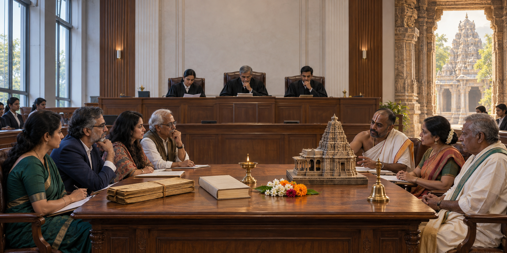 An Indian courtroom opens toward a stone temple threshold as judges examine manuscripts and ritual objects presented by scholars and community practitioners at an evidence table.