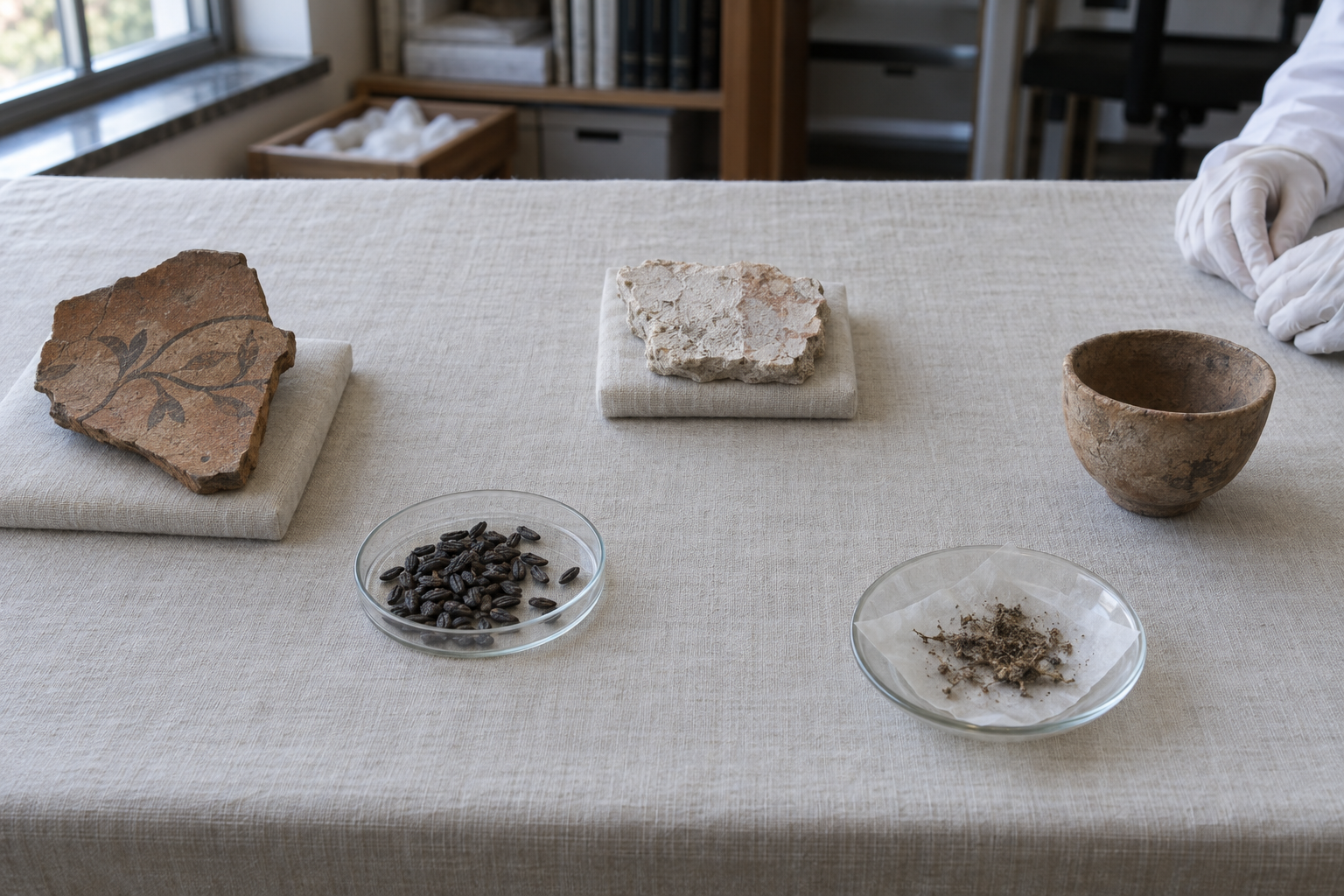 Gloved hands examine separated pottery, grain, plaster, a small cup, and plant residue on an archaeological study table with conspicuous gaps between the evidence.
