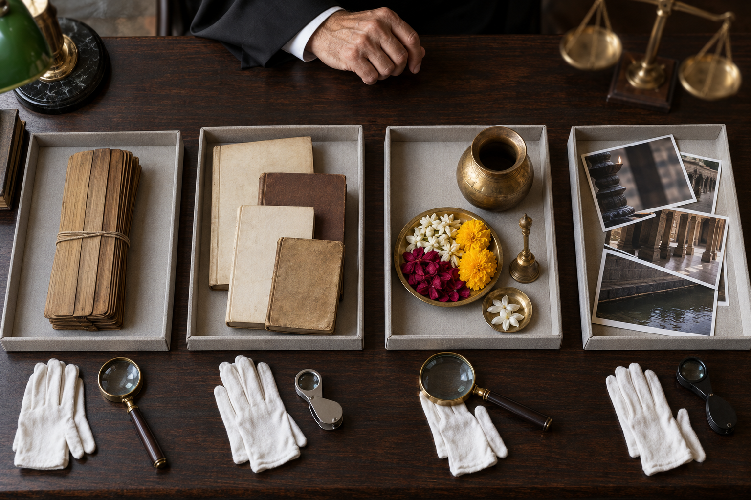 Four separated groups of manuscripts, commentary books, ritual objects, and documentary materials lie on a legal evidence table beside a judge's hand and a balance scale.
