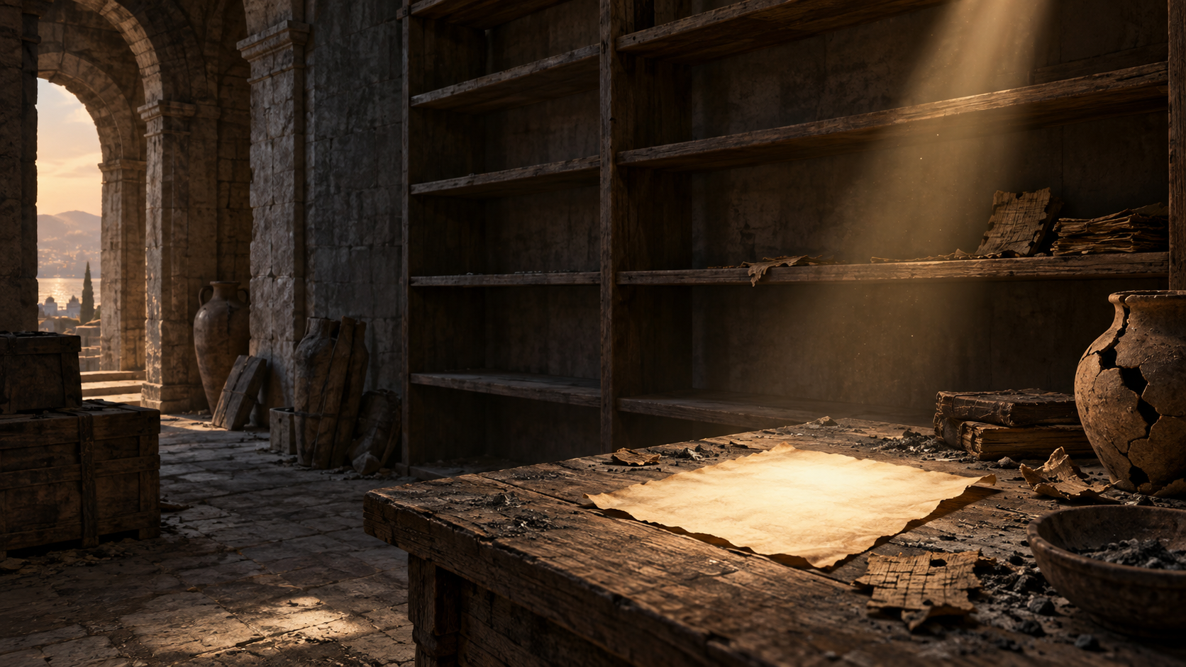 A dim ancient storeroom contains empty shelves, ash, a cracked jar, and a few damaged manuscript fragments illuminated by a narrow beam of light.