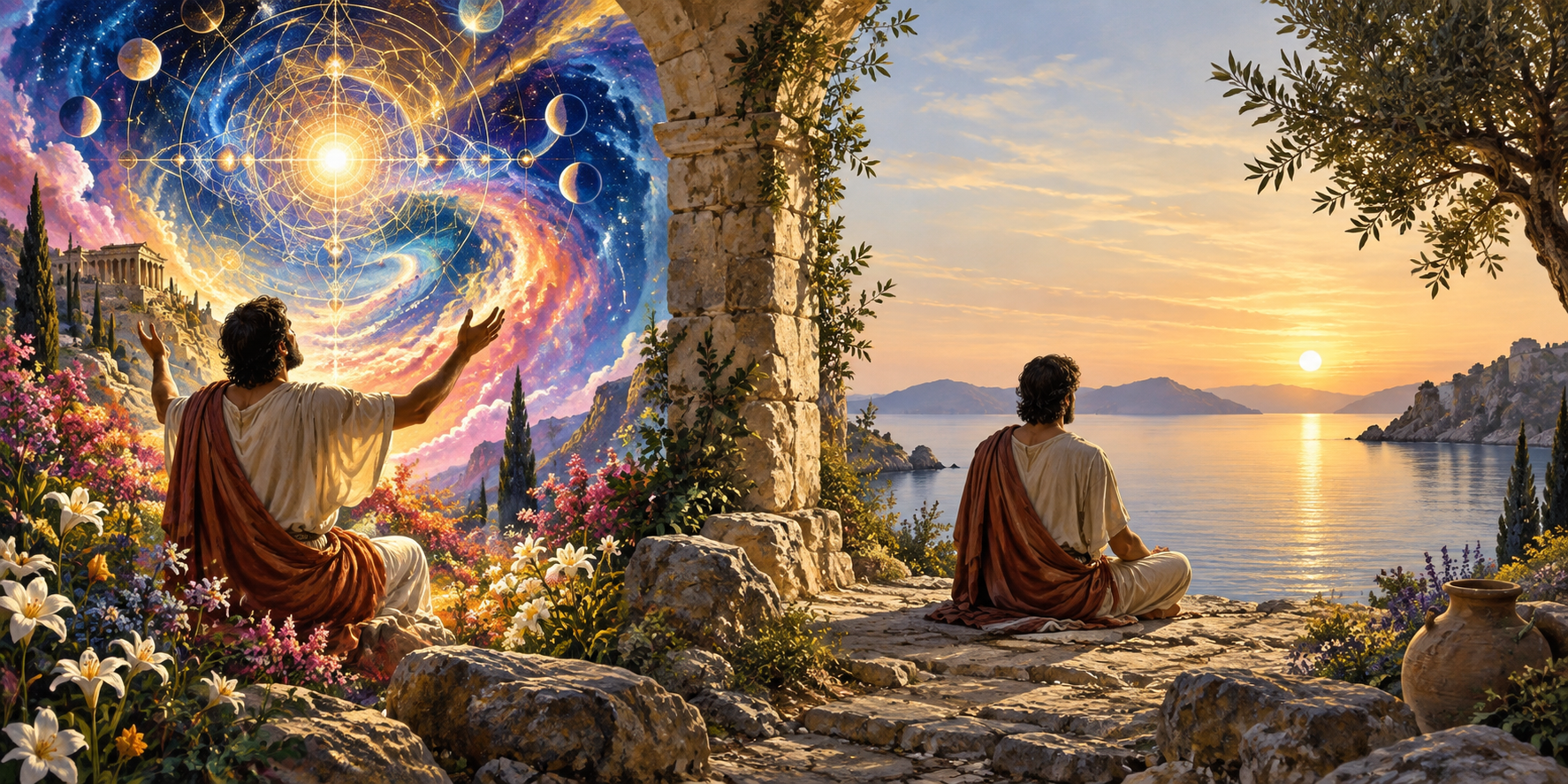 An anonymous seeker moves from a vivid plant-filled visionary scene on the left to calm meditation beside still water at sunrise on the right.