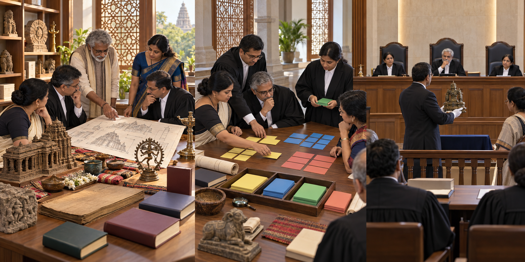 Judges move through a workshop from studying manuscripts and ritual traditions to sorting evidence and applying it in a mock courtroom.