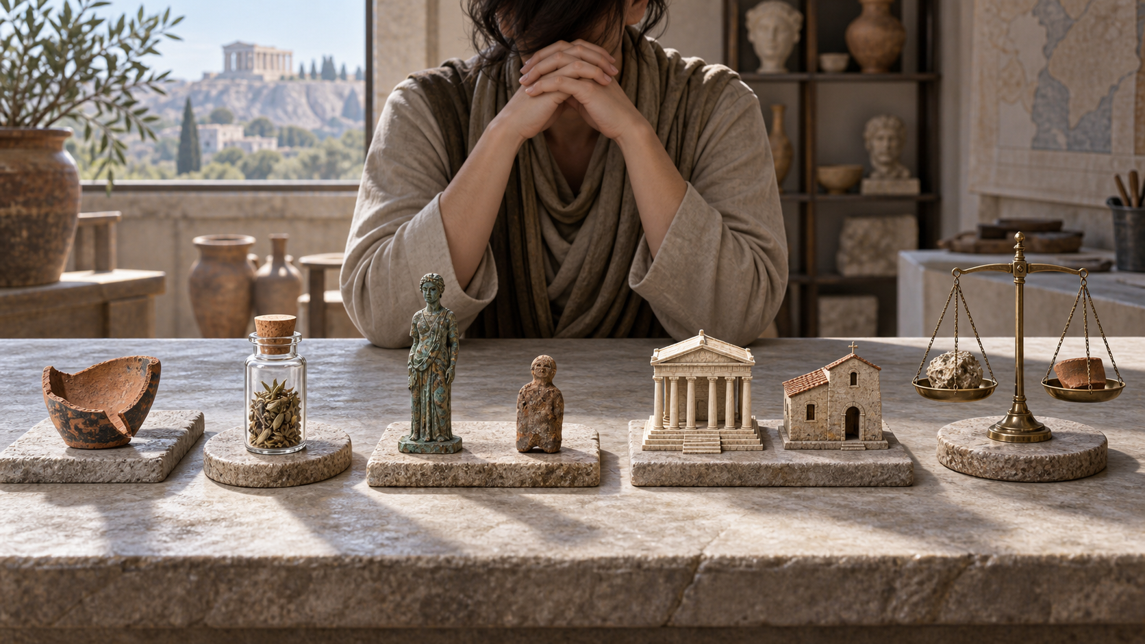 A researcher compares five groups of archaeological objects, including a cup fragment, plant residue, building models, separated artifacts, and a balance scale.