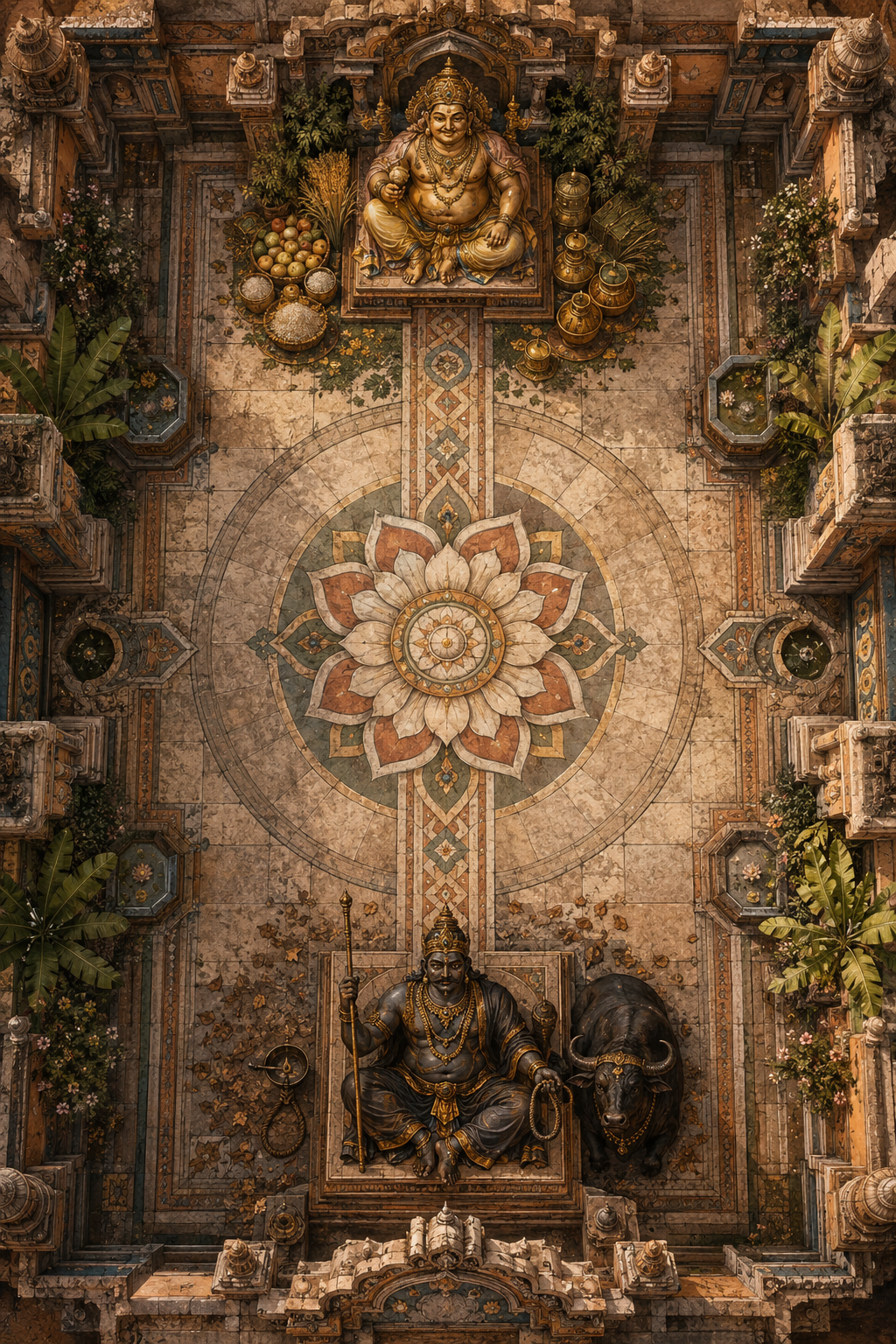 An overhead temple courtyard shows Kubera and Yama seated at opposite ends of a single stone path joined by a central lotus medallion.