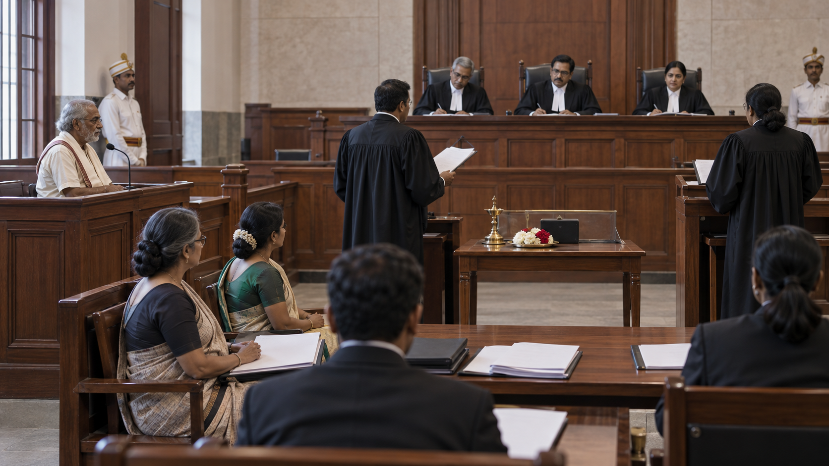 A temple practitioner testifies from the witness area while lawyers present evidence and judges listen from a separate elevated bench.