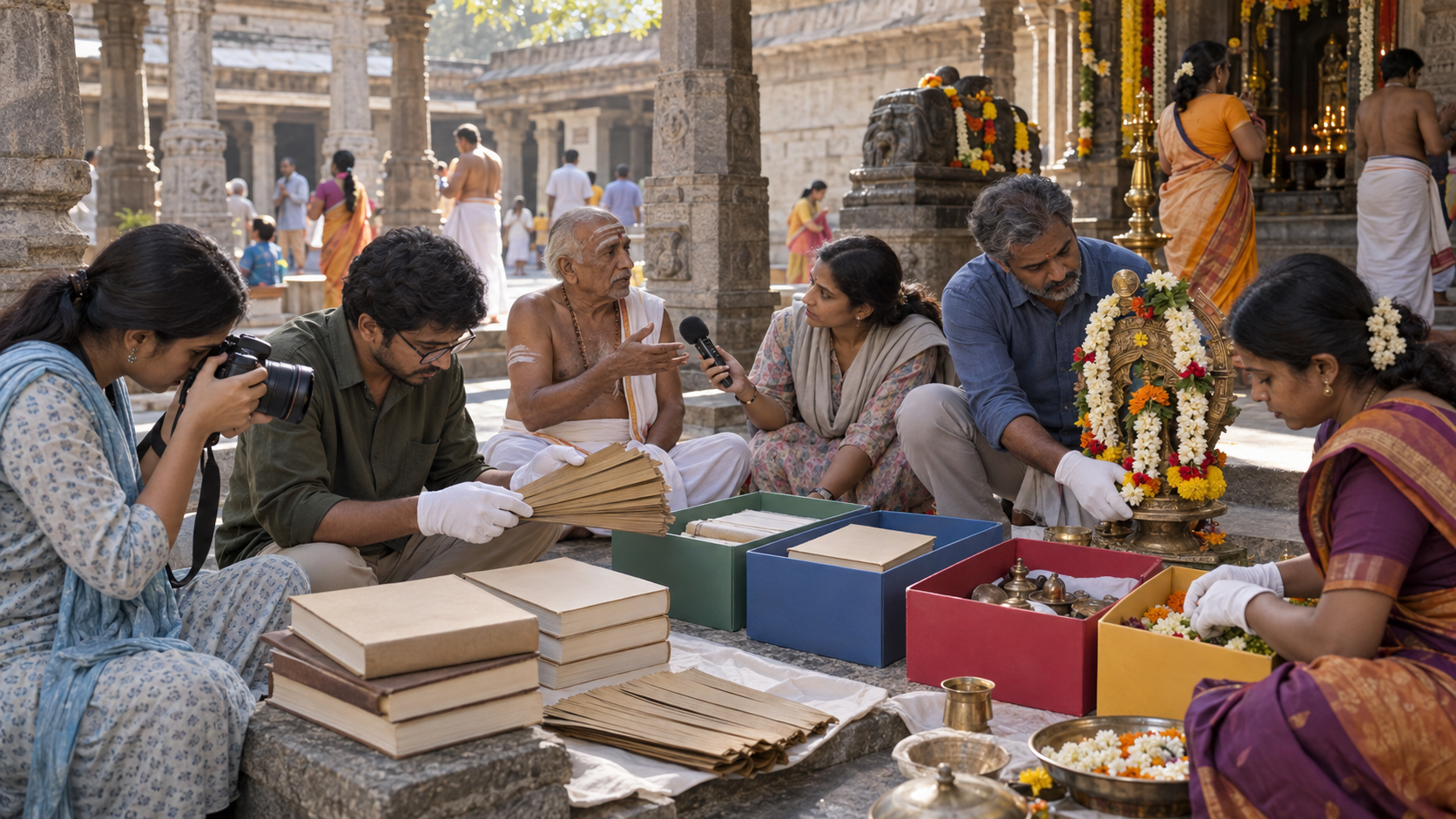 Community members, an archivist, and a legal volunteer document oral testimony, manuscripts, ritual objects, and a temple custom in a shaded courtyard.