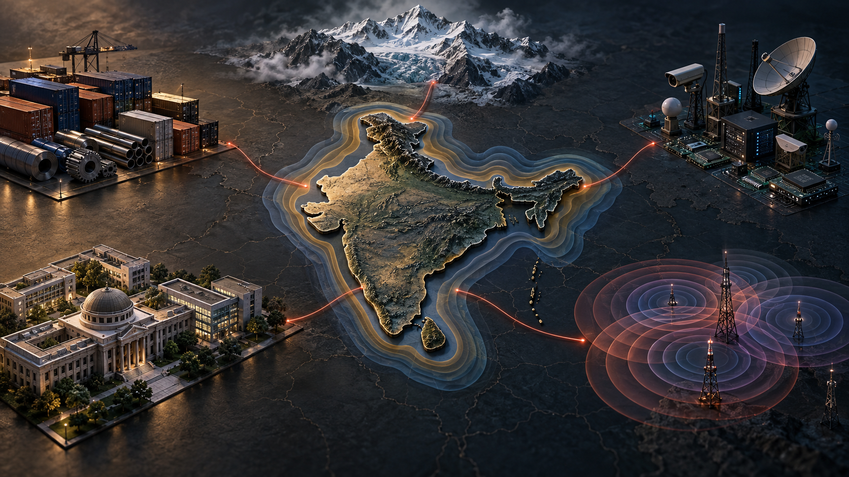 A relief model of India on a dark strategic table is surrounded by symbolic scenes of a mountain frontier, supply chains, surveillance technology, academic institutions and broadcast signals.