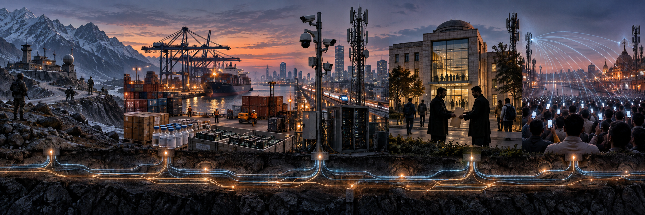 A connected landscape combines a Himalayan frontier, cargo and medical supplies, surveillance equipment, a university complex and people receiving digital signals.