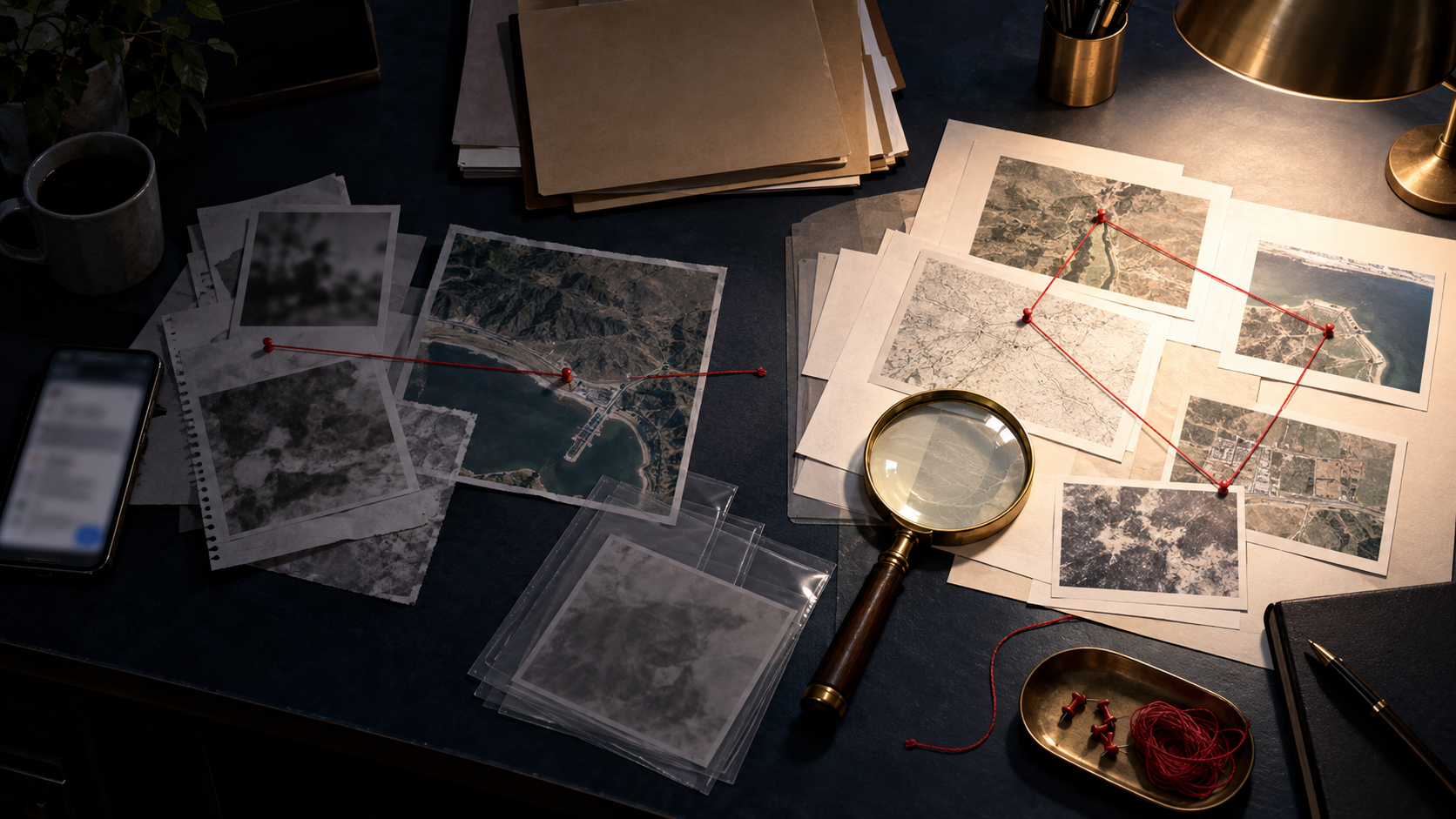 An analyst's desk holds progressively stronger forms of evidence, from a blurred phone claim to satellite imagery and corroborating documents under a magnifying glass.