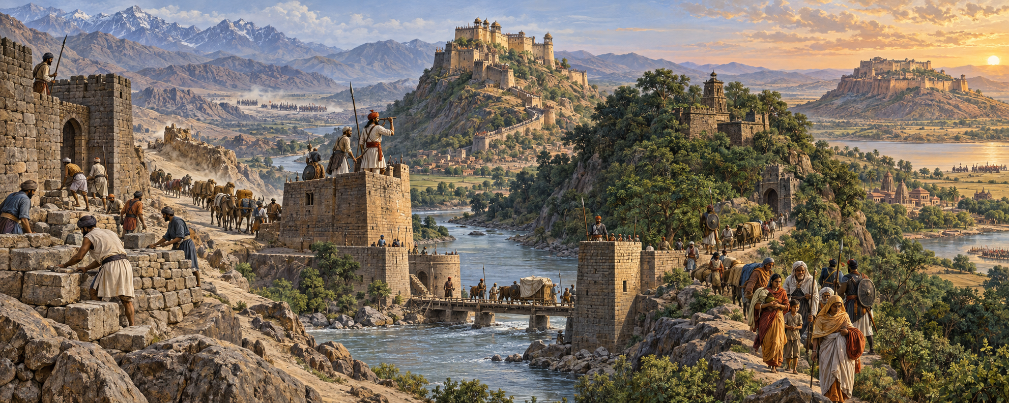 A continuous panorama of frontier forts, a defended river crossing, hill strongholds, supply caravans, and distant armies representing resistance across different regions and periods.