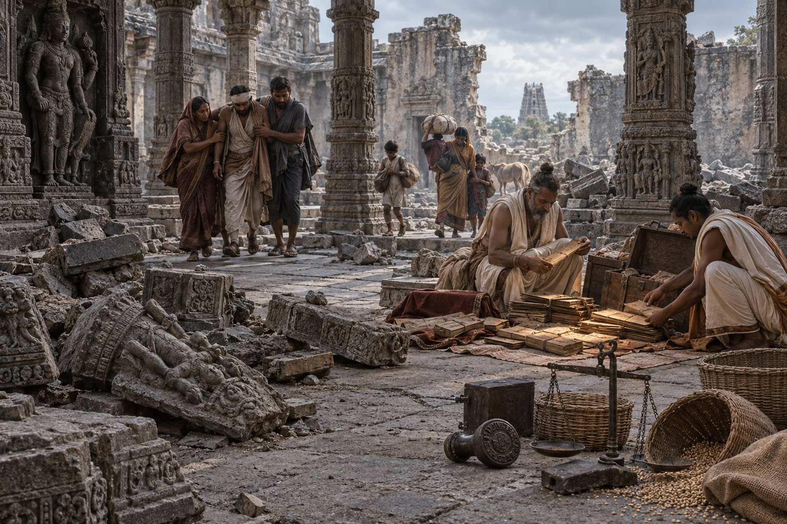 People recover carved stone fragments and scattered palm-leaf manuscripts in a damaged temple courtyard while a displaced family and an injured traveler move through the background.